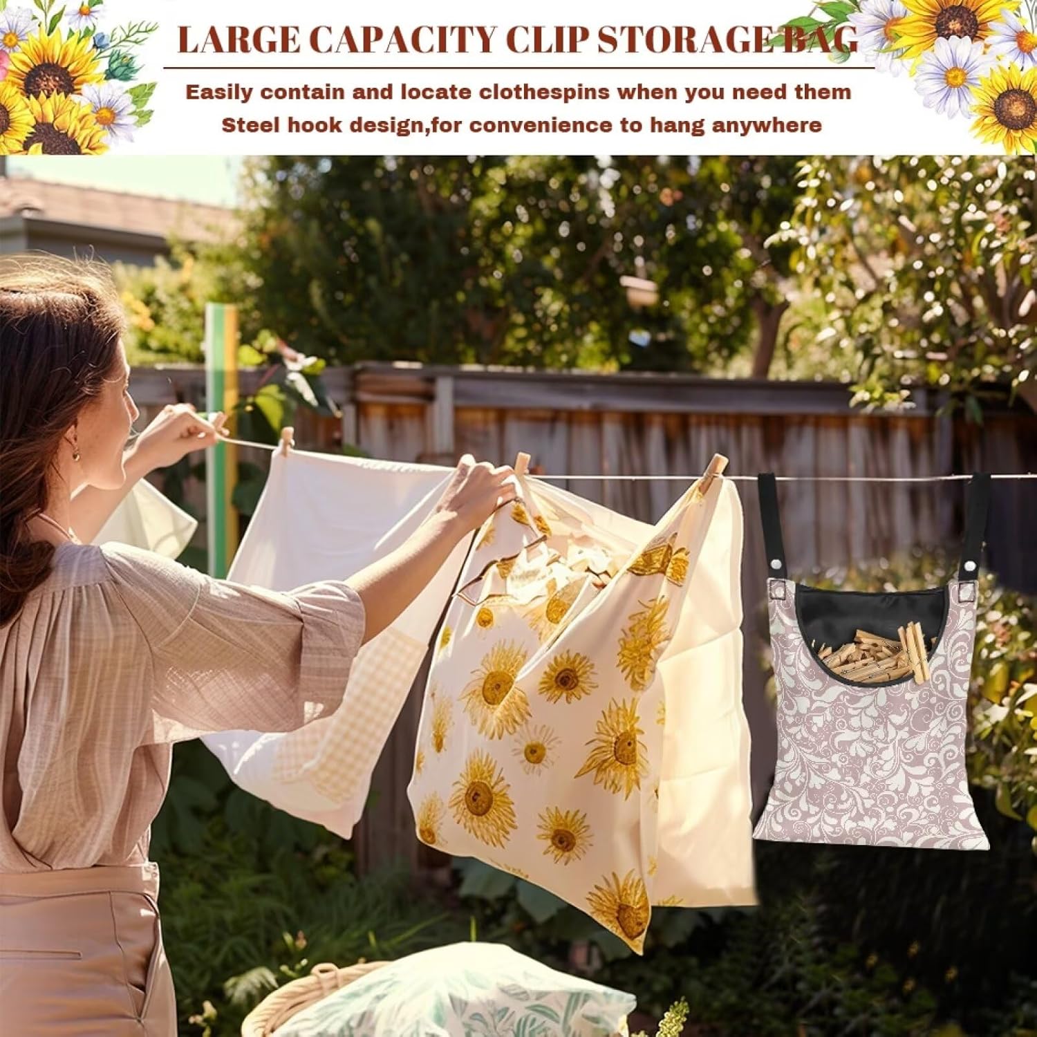 High Capacity Clothespin Holder Bag 14.5x12 Inches - Durable Outdoor Storage with Wide Opening for