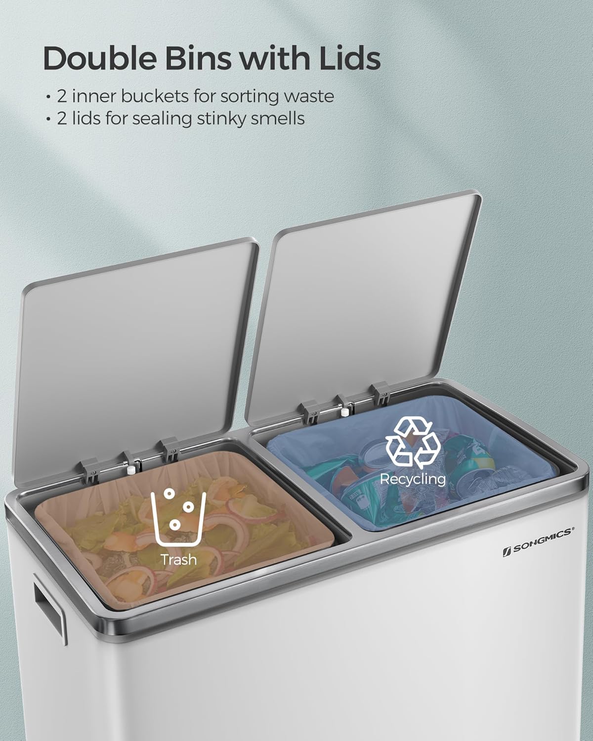SONGMICS Trash Can, 2 x 8 Gallon (2 x 30 L) Garbage Can for Kitchen, with 15 Trash Bags, 2