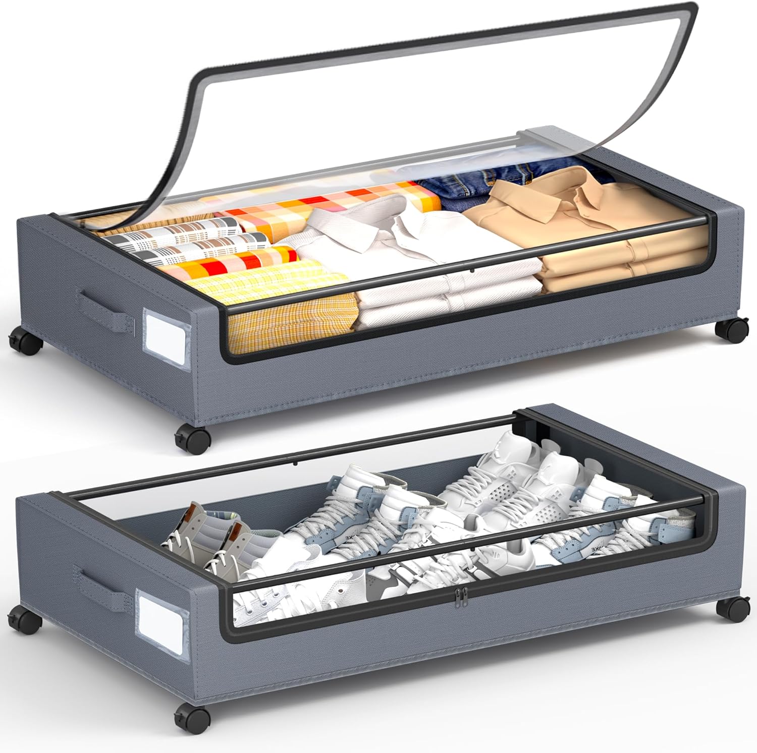 Under Bed Storage With Wheels, 2 Pack Square Containers, 60L Bins, Rolling Metal Drawer for