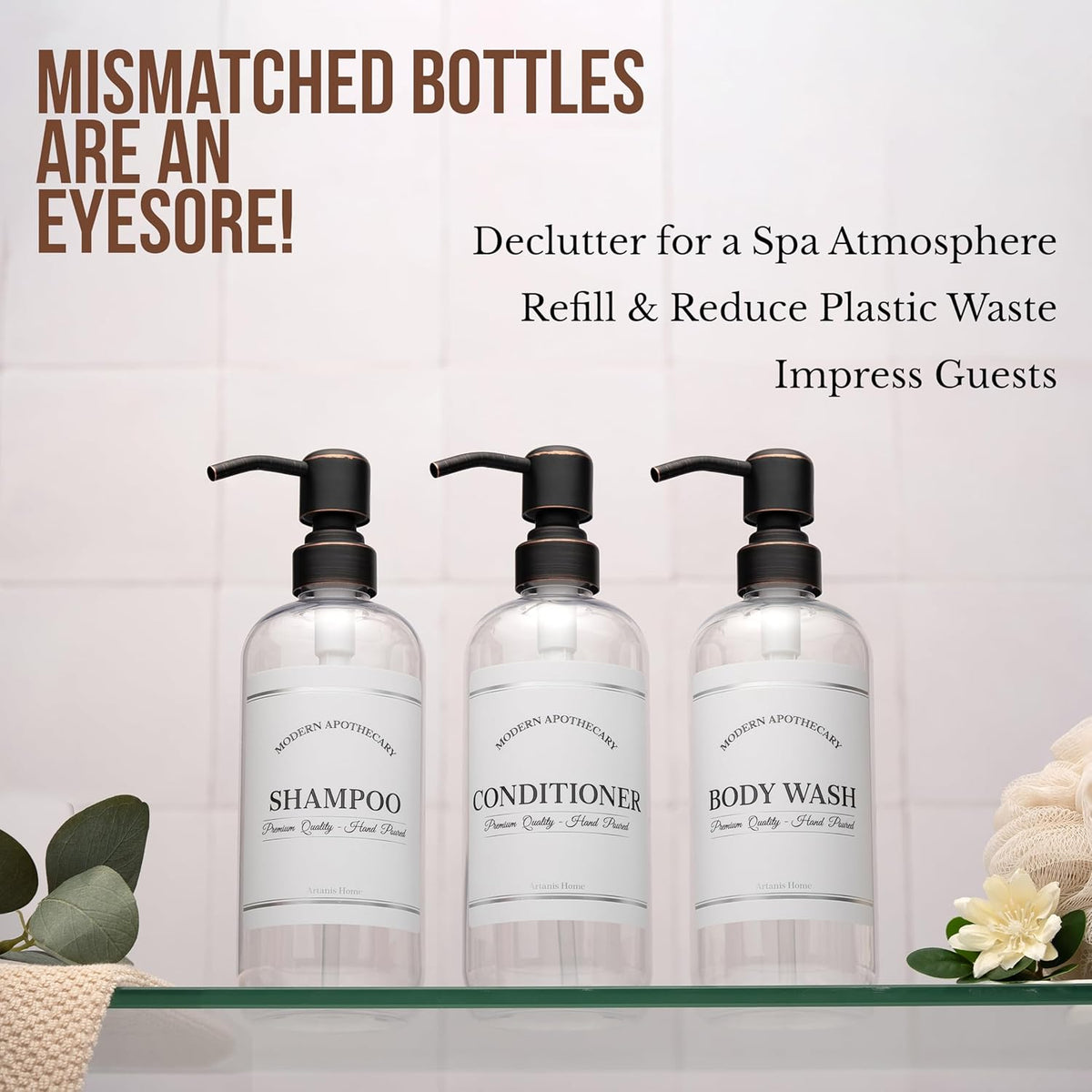 Clear Refillable Shampoo, Conditioner, and Body Wash Bottles - PET Plastic Shampoo Bottles