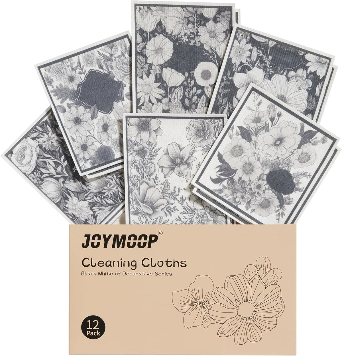 JOYMOOP 12 Pack Decorate Cleaning Cloth (Black White of Decorative Series), Reusable Absorbent Dish