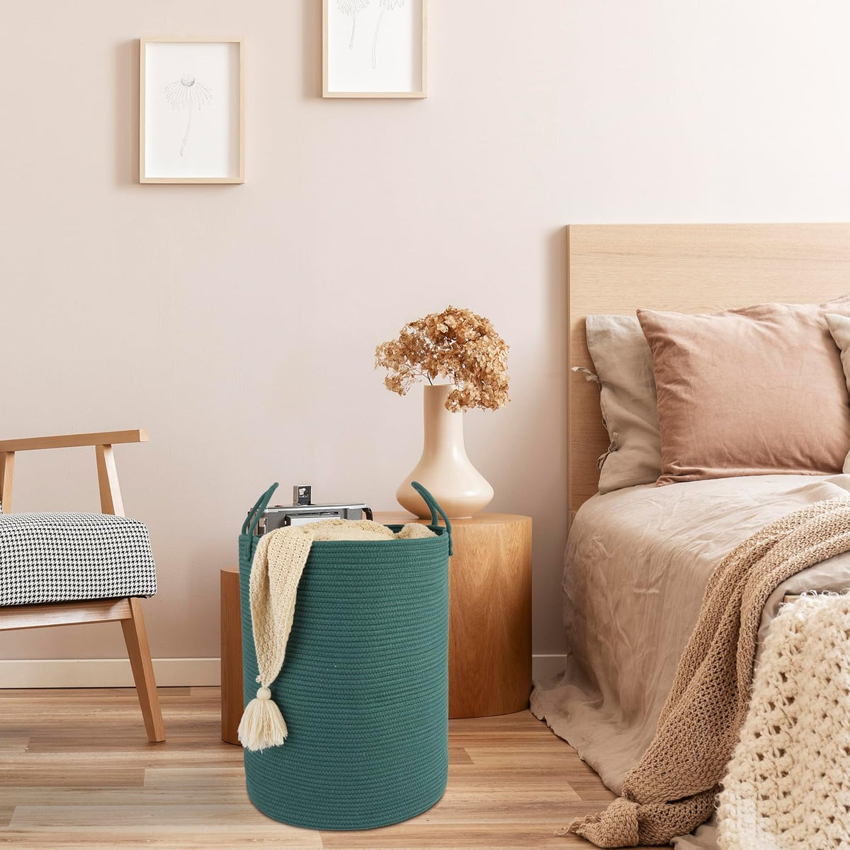 Cotton Rope Laundry Basket Hamper for Clothes Woven Storage Basket for Living Room Bedroom Boho