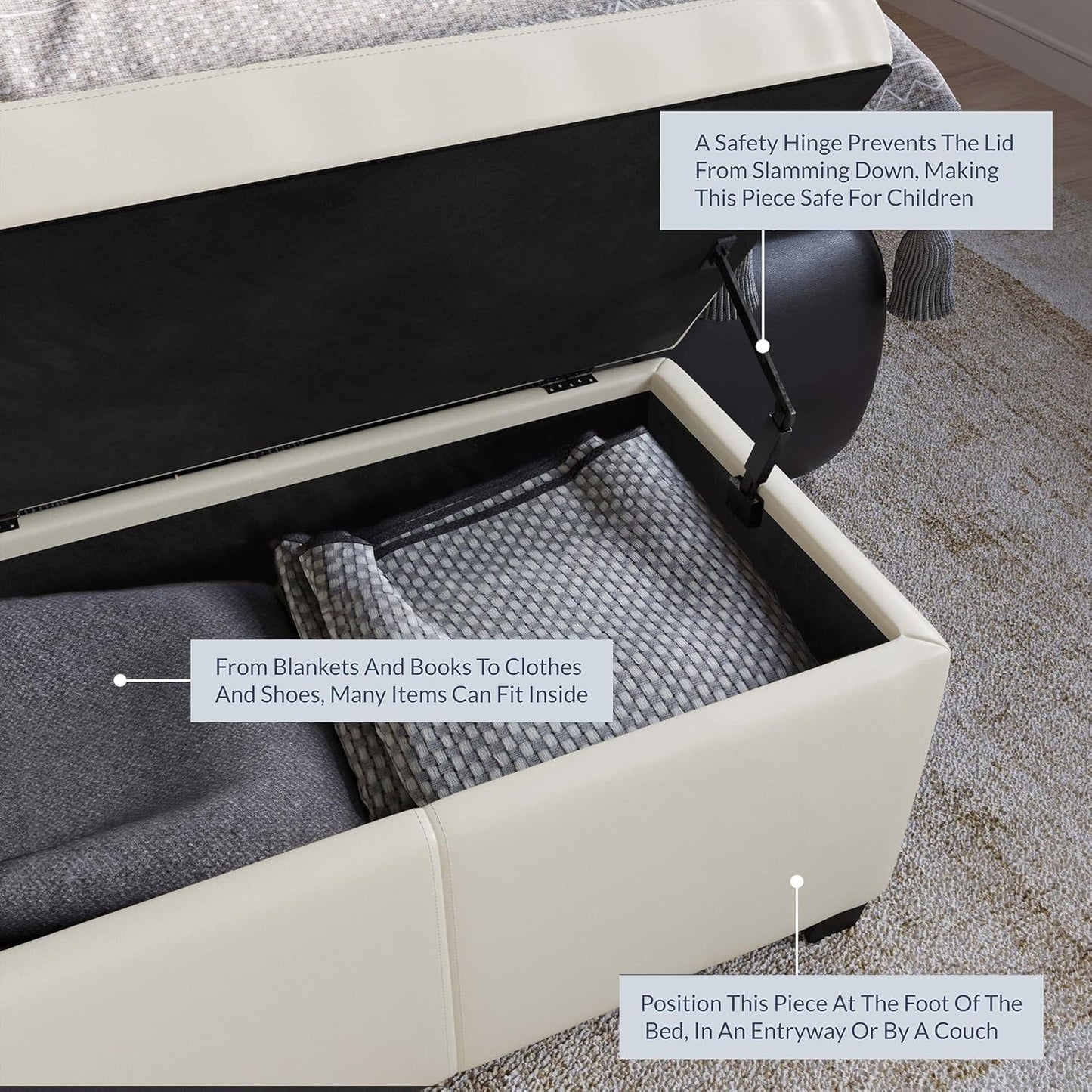 BELLEZE Storage Faux Leather Ottoman, 47 Inch Bench Bedroom Bench with Safety Close Hinge, Extra