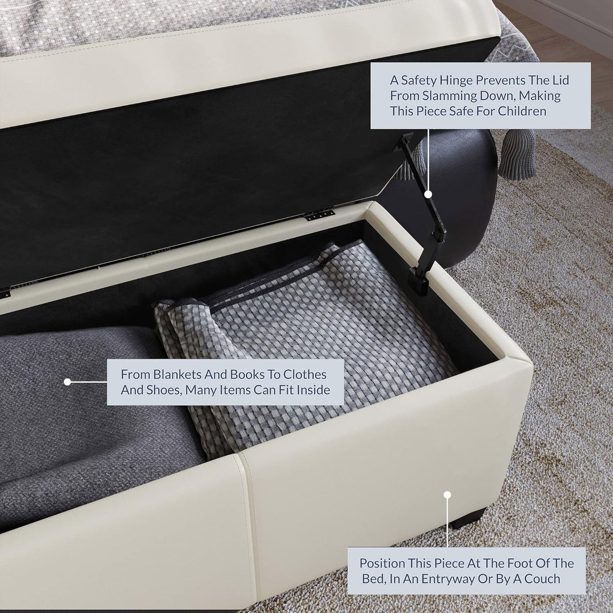 BELLEZE Storage Faux Leather Ottoman, 47 Inch Bench Bedroom Bench with Safety Close Hinge, Extra