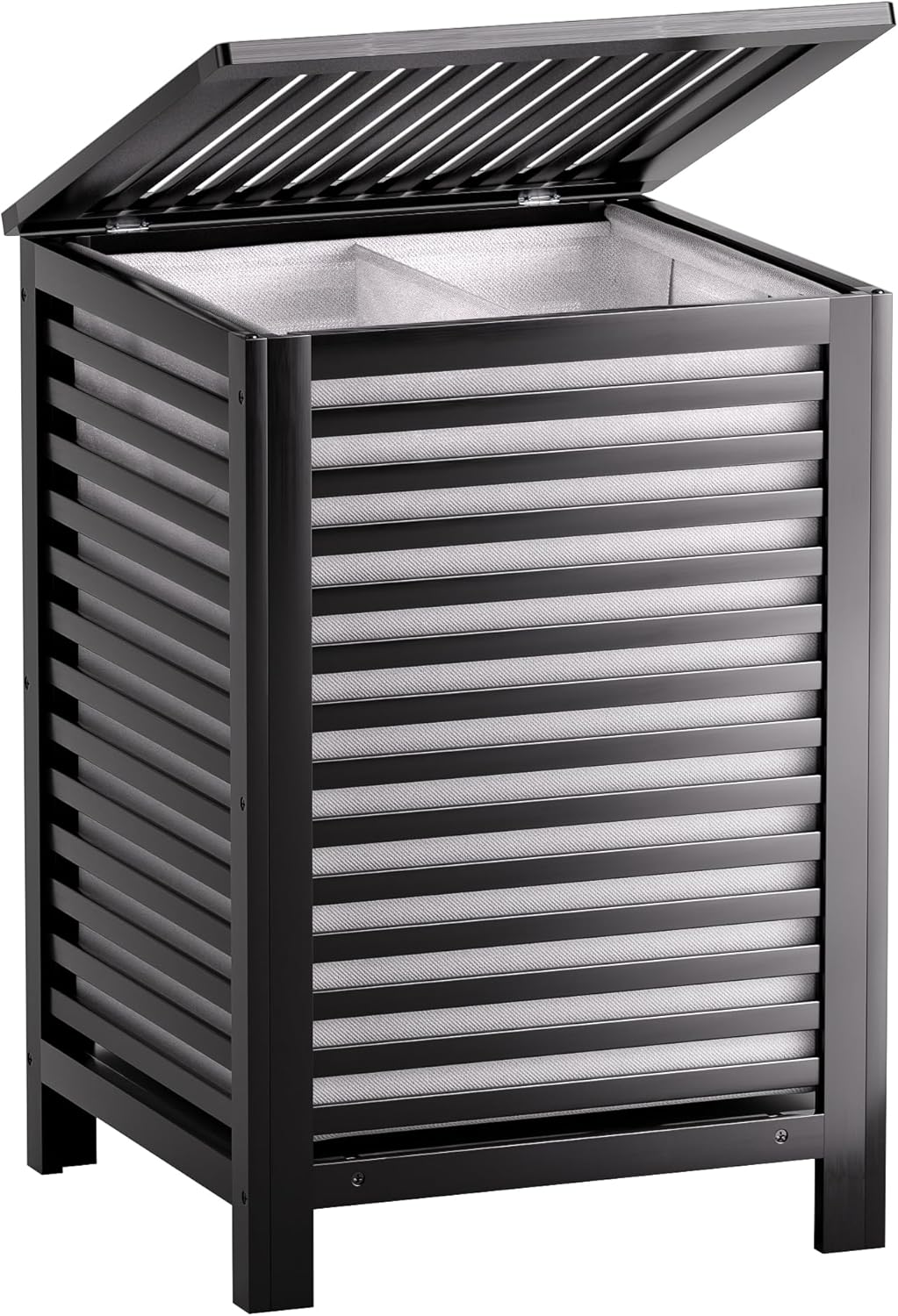 SMIBUY Double Laundry Hamper with Lid, 120L Bamboo Laundry Basket with Removable Liner Bag
