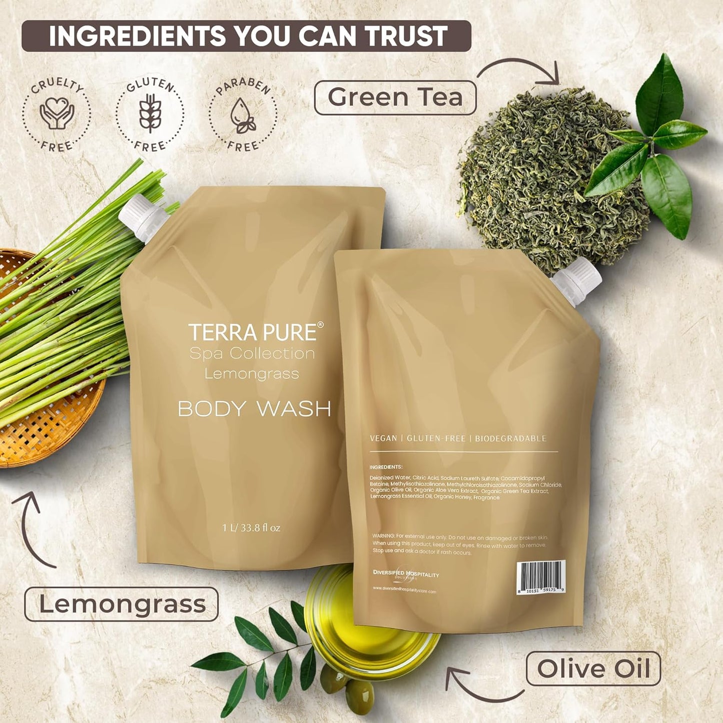Terra Pure Spa Collection 1 Liter Body Wash Refill Bag For Soap Dispensers | Bulk Toiletries for