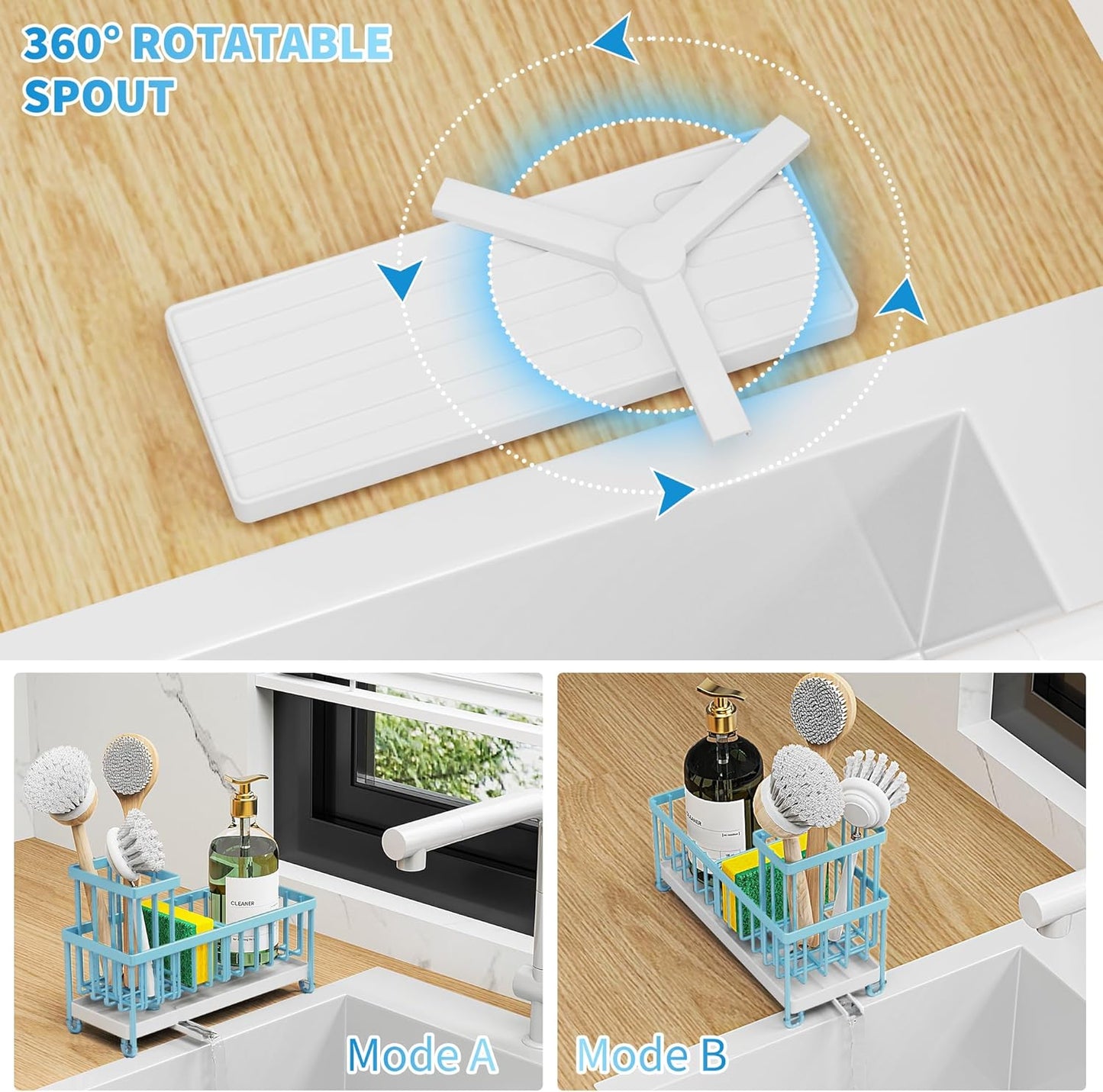Cisily Blue Sponge Holder for Kitchen Sink, Sink Caddy Organizer with High Brush Holder, Kitchen