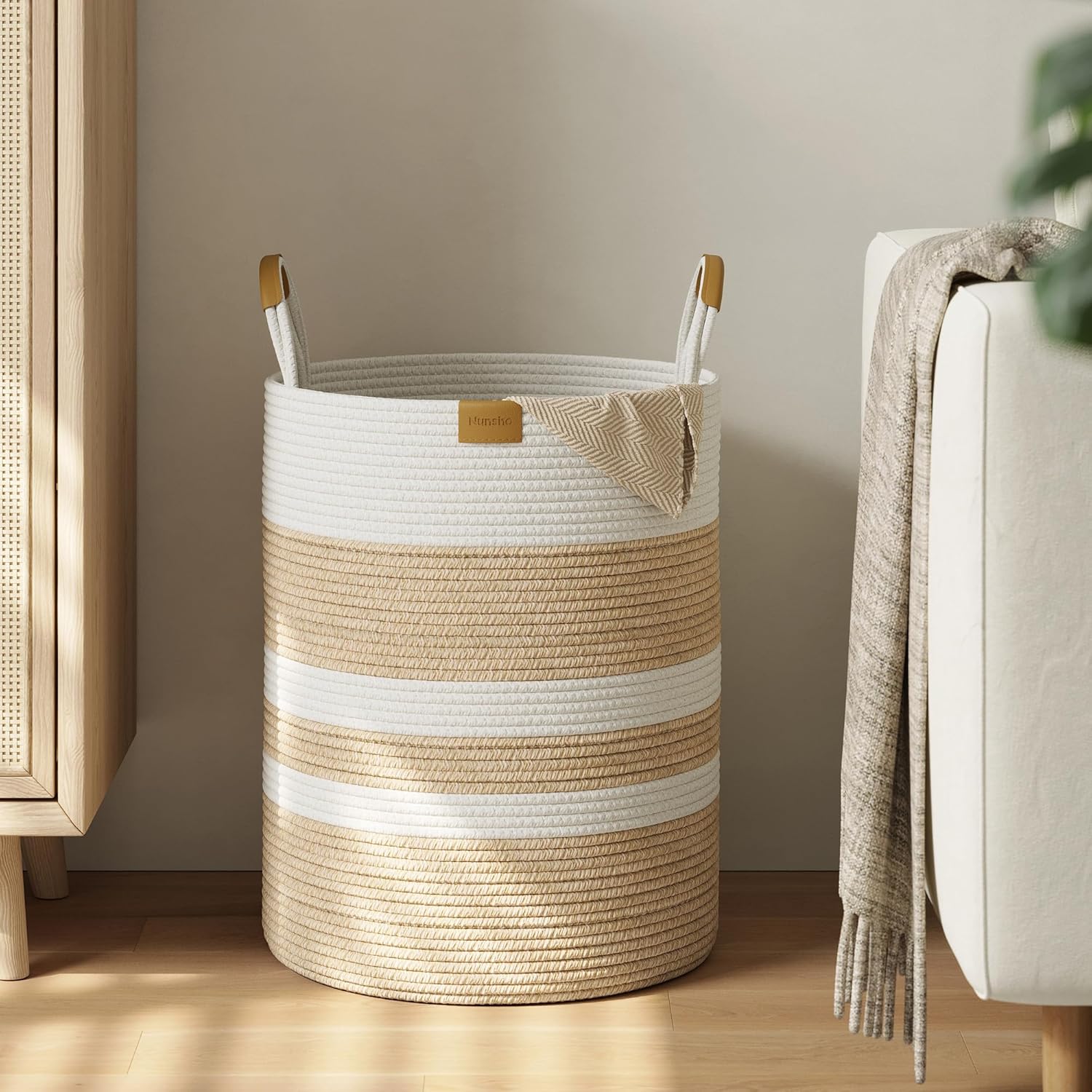 62L Striped Laundry Hamper with Leather Handles,Large Foldable Laundry Basket for Clothes,Cotton