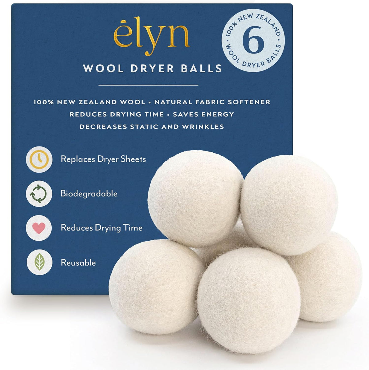 ELYN Wool Dryer Balls 6-Pack - XL, 100% New Zealand Wool, Reusable and Handmade. Fragrance-Free