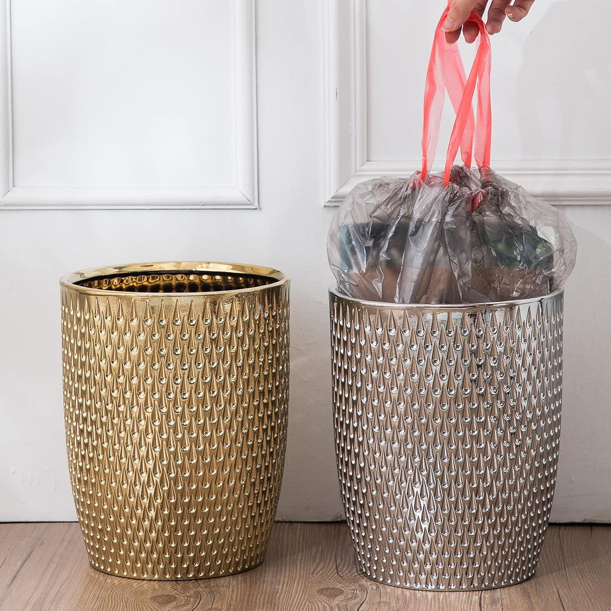 Modern Round Silver Small Trash Can Wastebasket, Garbage Container Bin for Bathrooms, Powder Rooms
