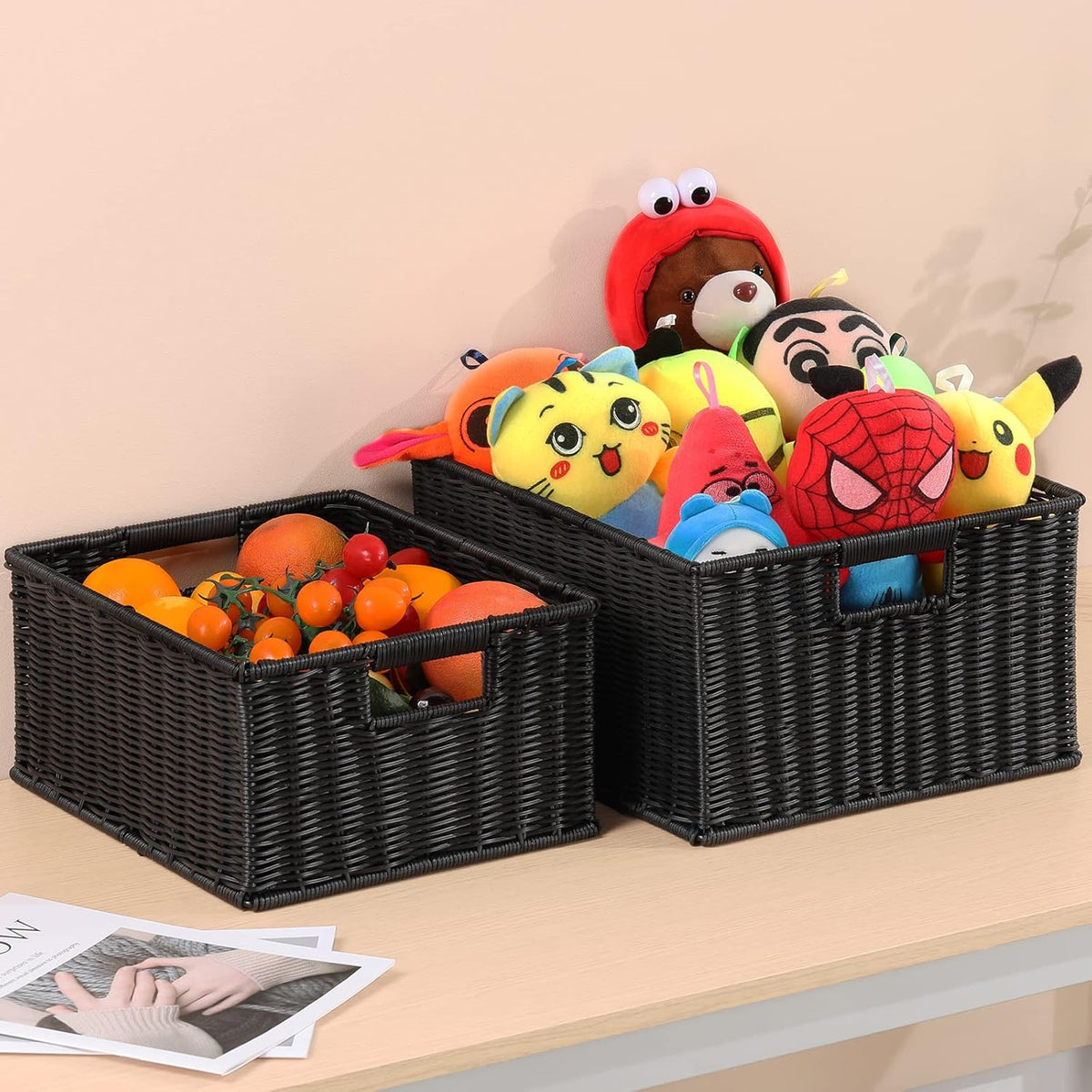 HOONEX Large Wicker Baskets for Storage, Plastic Baskets for Organizing with Dual Handles, Woven
