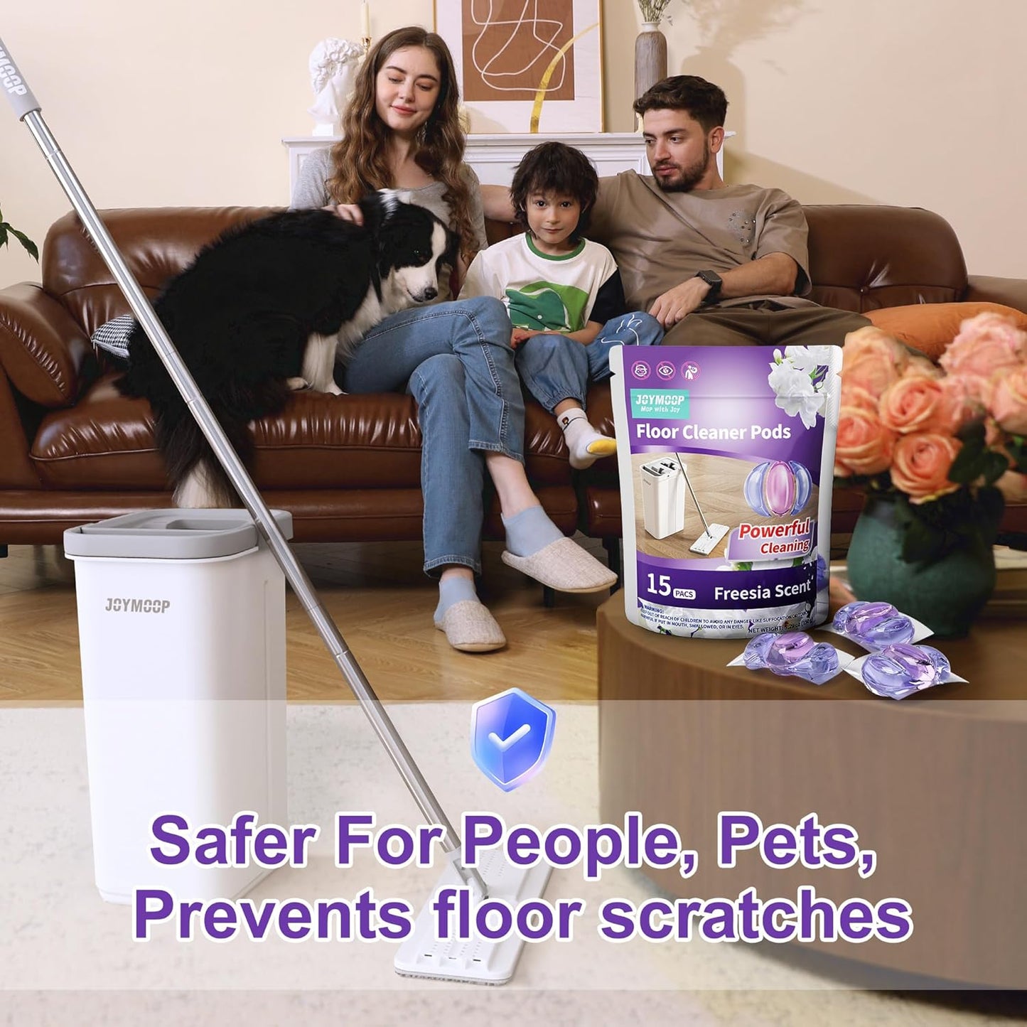 JOYMOOP Mop and Bucket with Wringer Set and Floor Cleaner Pods, Flat Floor Mop with 3 Reusable