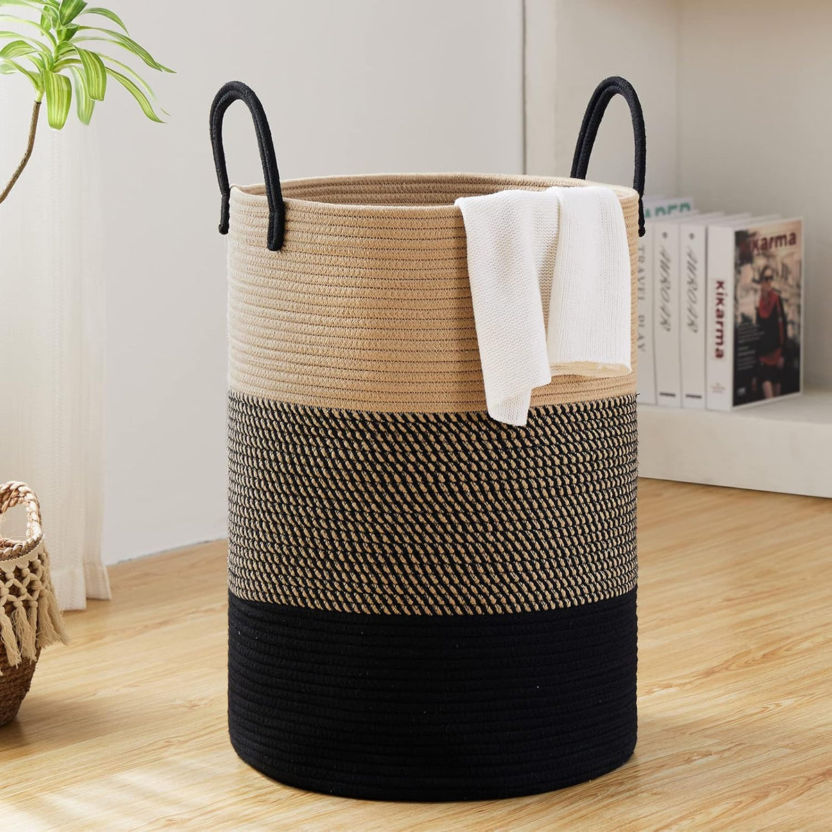 Fiona's magic 58L Large Woven Laundry Hamper, Tall Cotton Rope Laundry Basket, Boho Storage Basket