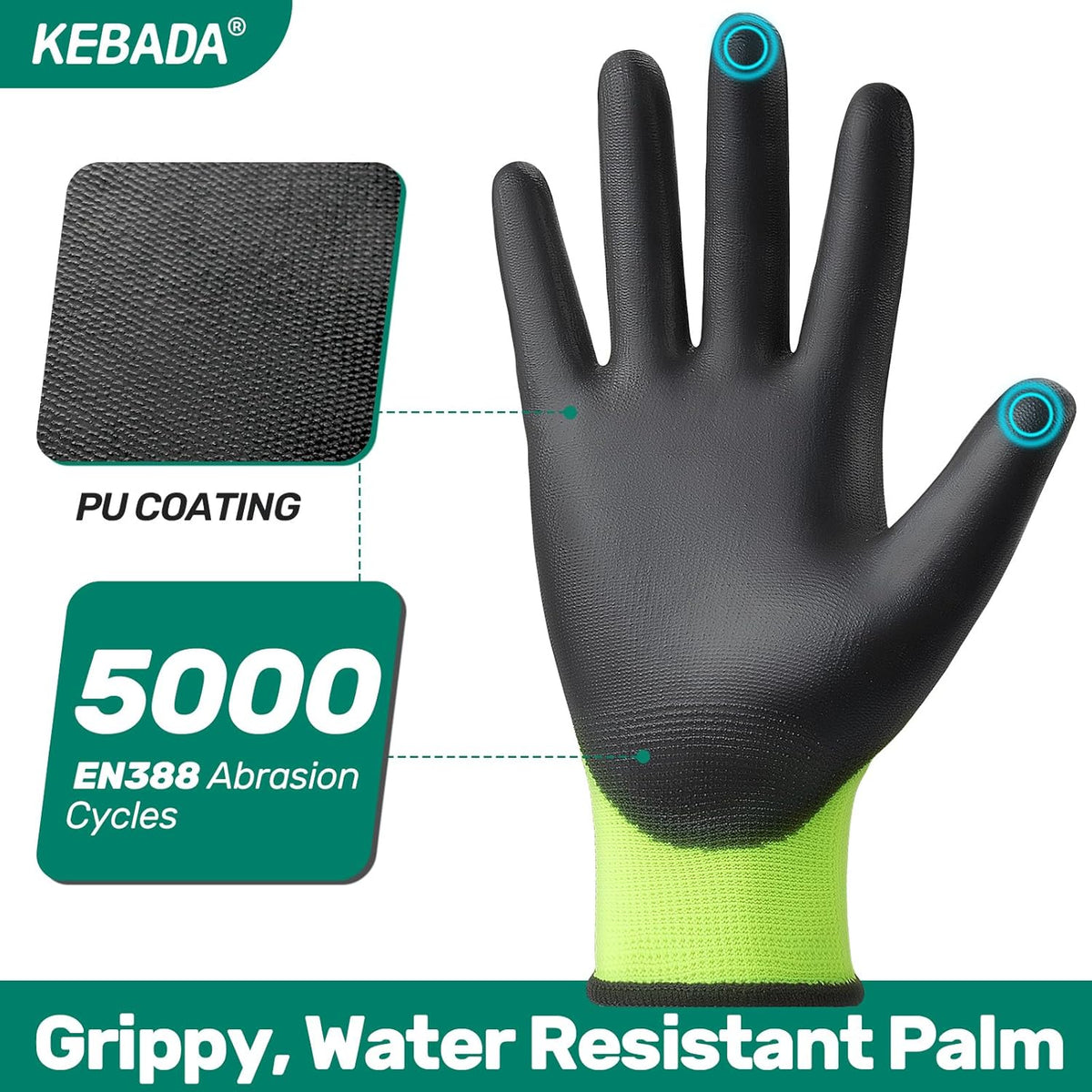 Kebada W1 Work Gloves for Men and Women, PU Coated Safety Gloves with Grip, Touchscreen, Ideal for