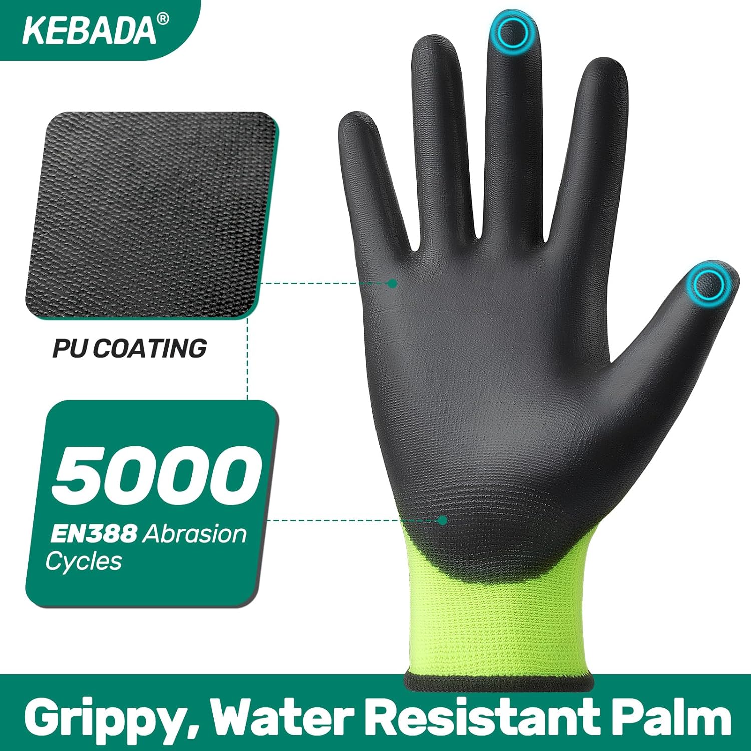 Kebada W1 Work Gloves for Men and Women, PU Coated Safety Gloves with Grip, Touchscreen, Ideal for