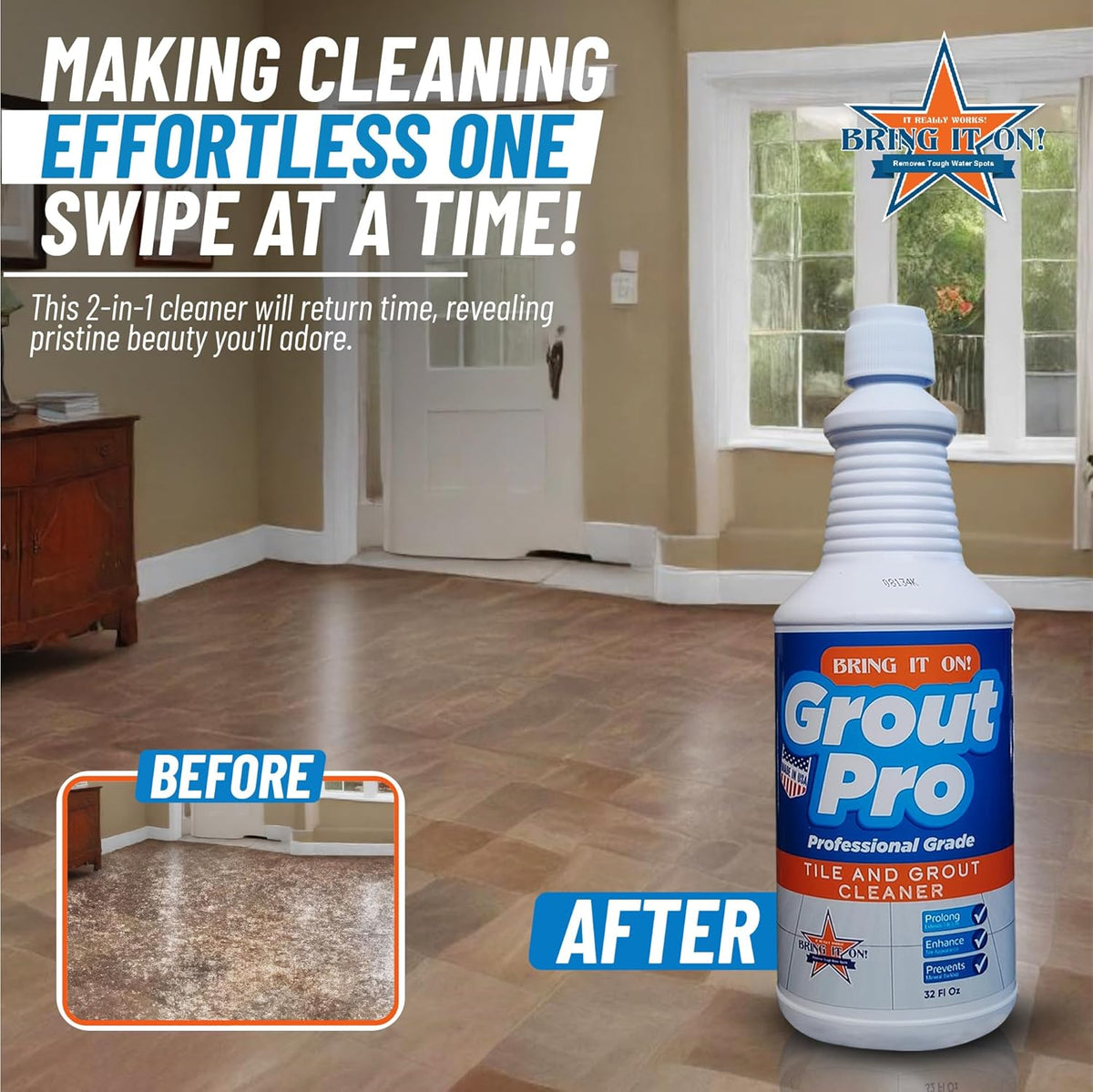 Bring It On Grout Cleaner with Grout Cleaning Brush – 32Fl Oz Grout Cleaner for Shower Tile