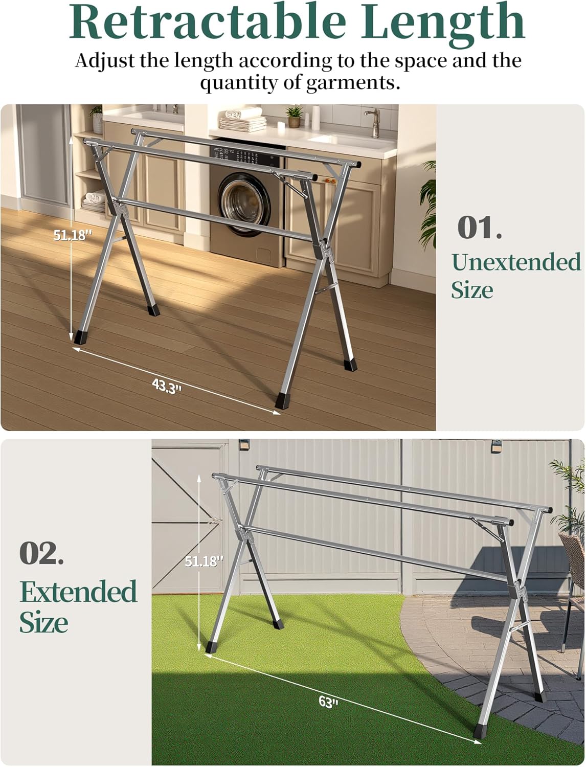 63 Inches Heavy - Duty Stainless Steel Folding Clothes Drying Rack - Indoor/Outdoor Use, Anti-Rust