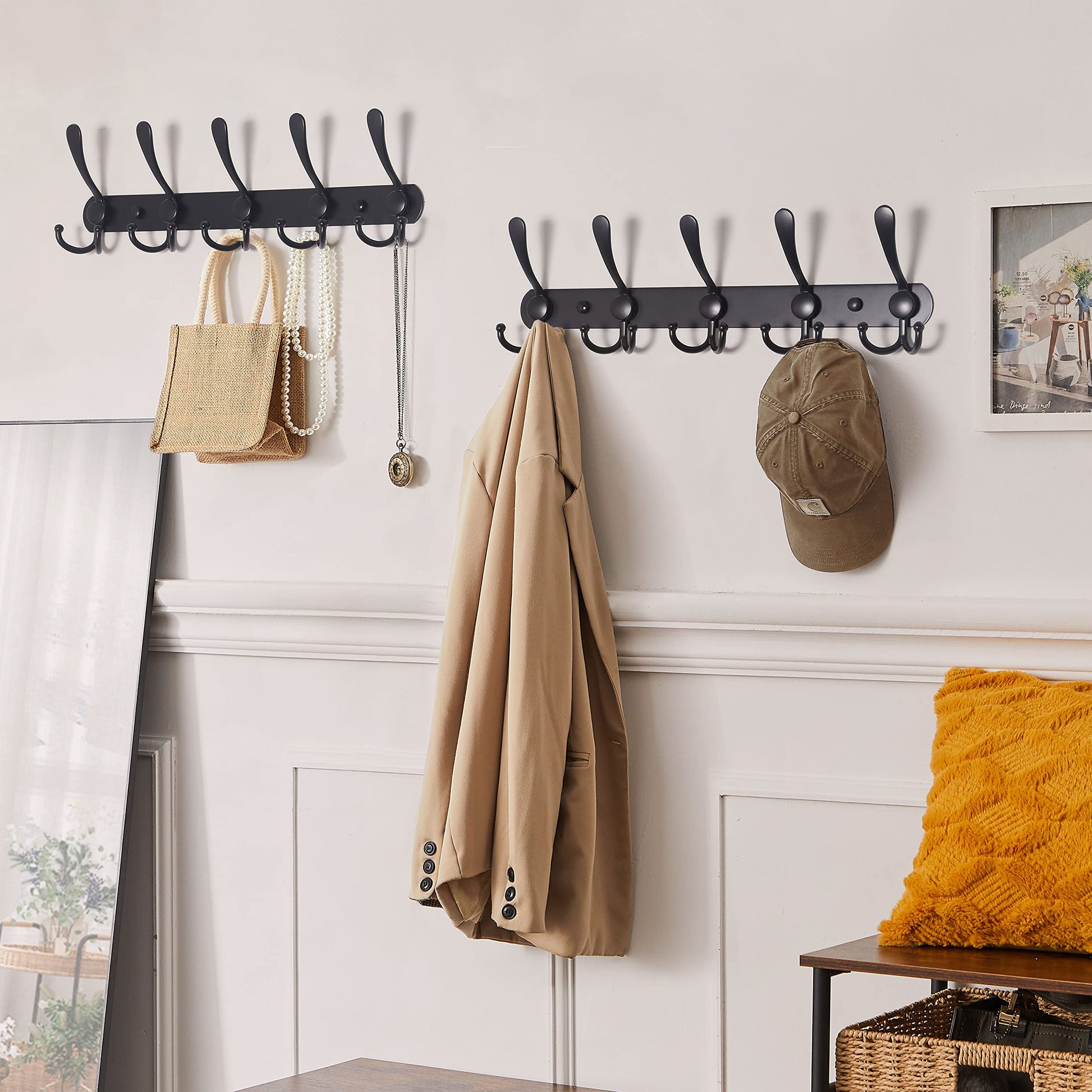Dseap Coat Rack Wall Mounted - 5 Tri Hooks, Heavy Duty, Stainless Steel, Metal Coat Hook Rail for