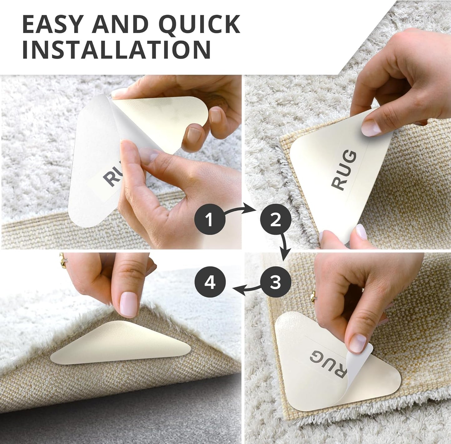 X-Protector Rug Tape for Carpet - 8 Pcs Set - White Anti-Slip & Anti-Curling Carpet Tape for Rugs
