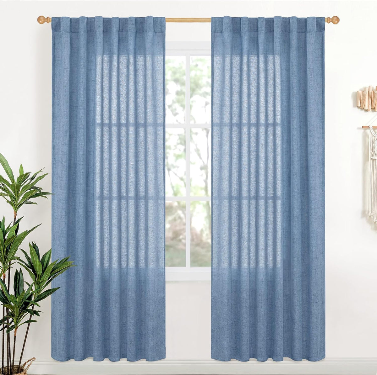 YoungsTex Denim Blue Linen Curtains 78 Inch Length for Living Room, Light Filtering Semi Sheer