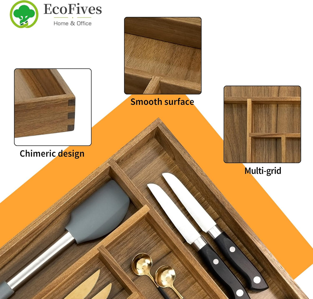 Luxury Acacia Kitchen Drawer Organizer - Silverware Organizer - Utensil Holder and Cutlery Tray