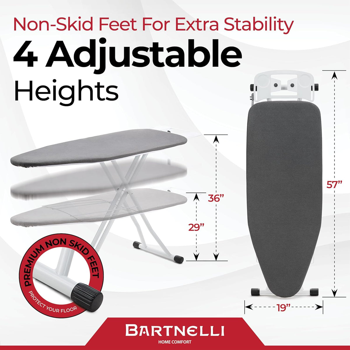 Bartnelli Extra Wide Pro Ironing Board 19x48 Ironing Surface with Iron Rest, Cord Holder, Shelf and