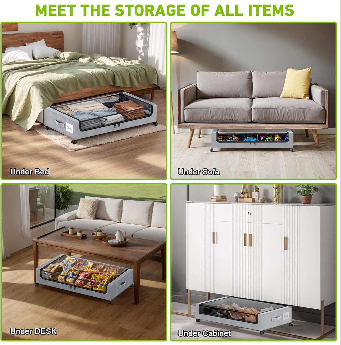 Under Bed Storage with Wheels, 4-Pack Under the Bed Storage Containers with Clear Lids & Label