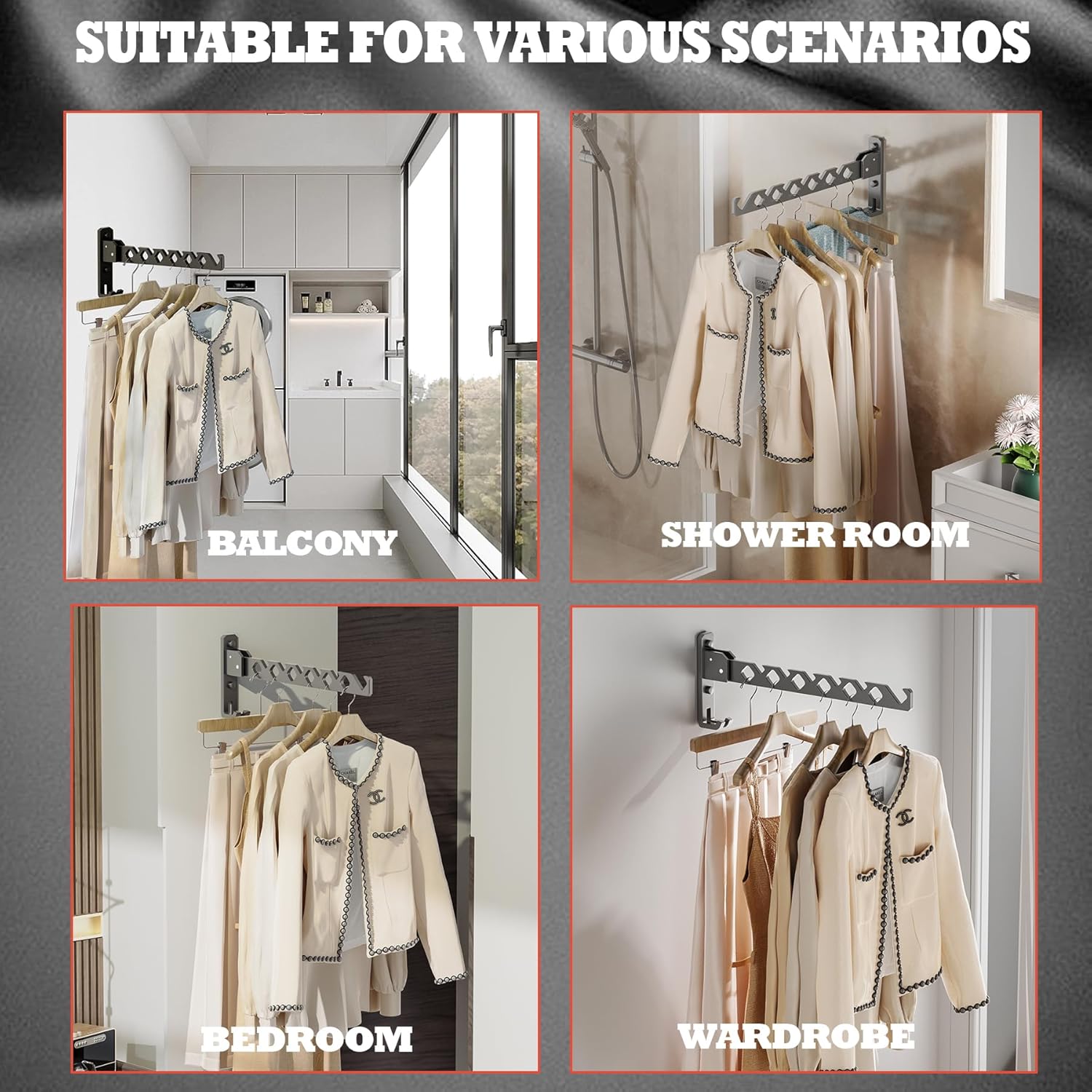 Wall Mount Coat Hanger Holder Black Clothes Drying Organizer Rack Garment Hooks Aluminium