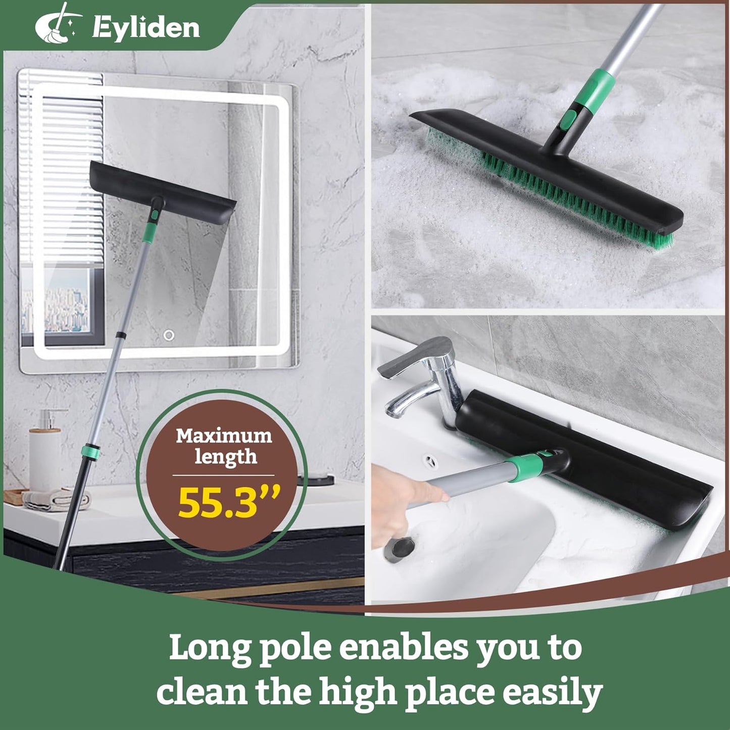 Eyliden X-Large Floor Scrub Brush, 2 in 1 Scrape Brushes with Rubber Squeegee | 55.3" Long Handle