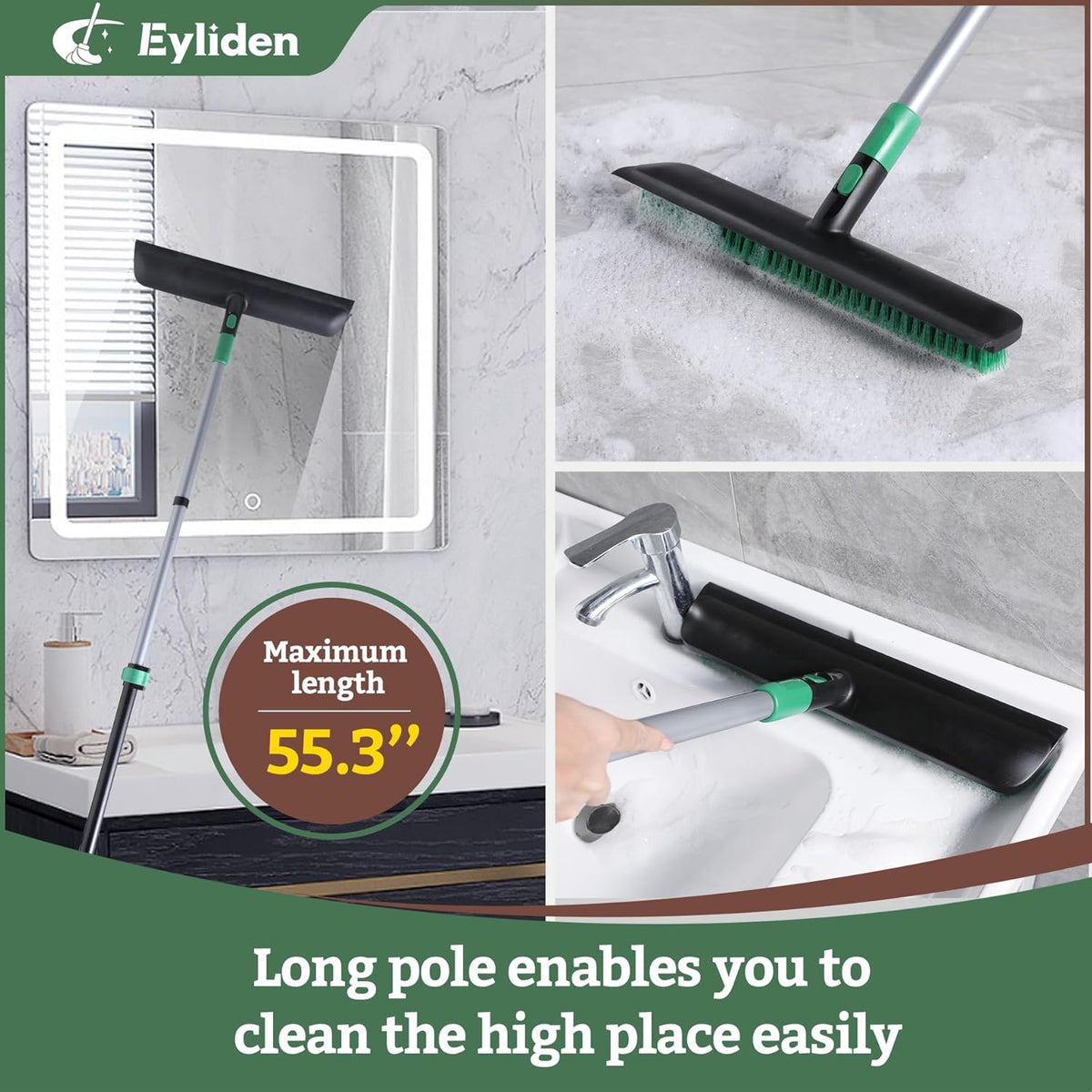 Eyliden X-Large Floor Scrub Brush, 2 in 1 Scrape Brushes with Rubber Squeegee | 55.3" Long Handle