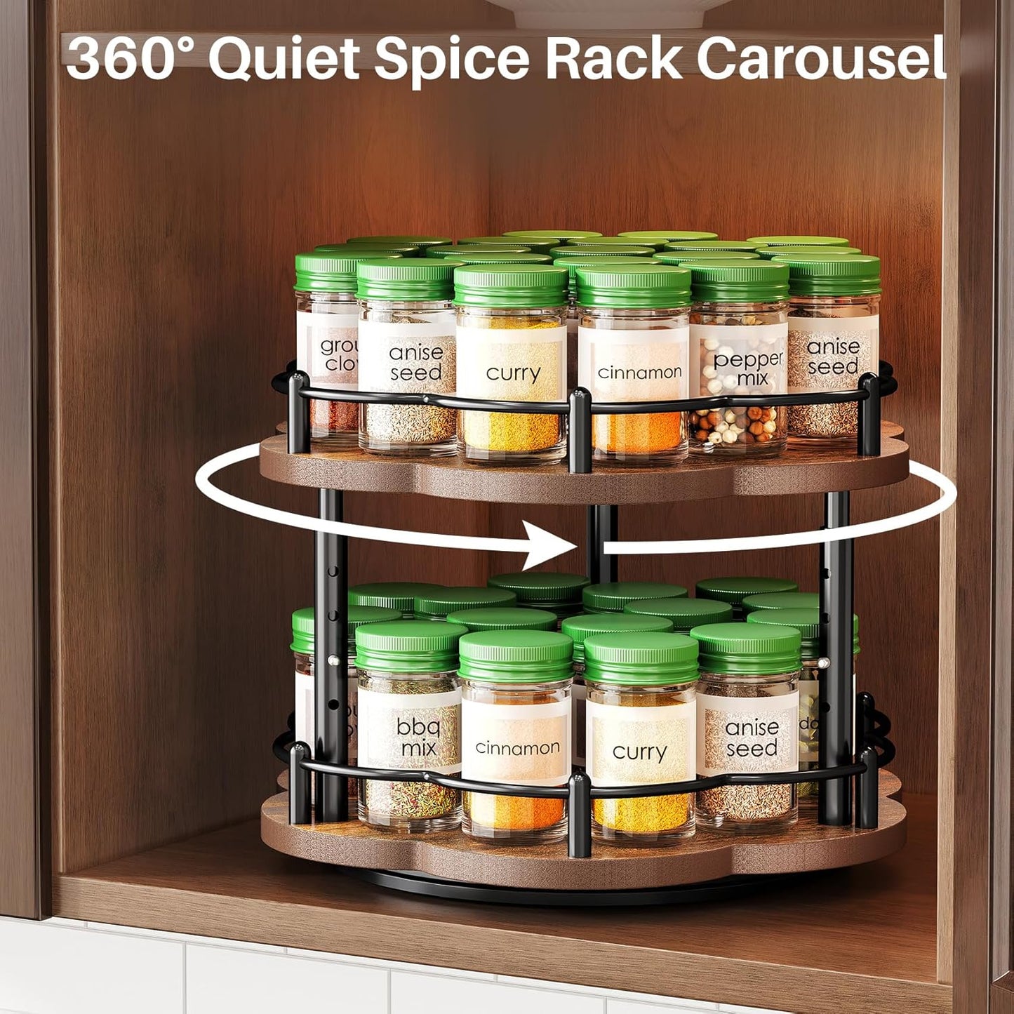 Lazy Susan Spice Rack Organization for Cabinet - 2 Tier Adjustable Height Lazy Turntable Spice