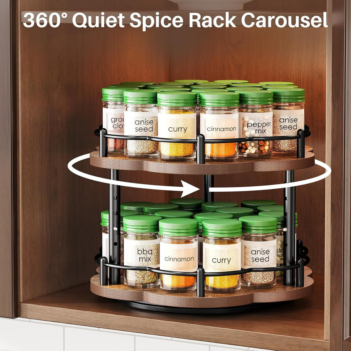 Lazy Susan Spice Rack Organization for Cabinet - 2 Tier Adjustable Height Lazy Turntable Spice