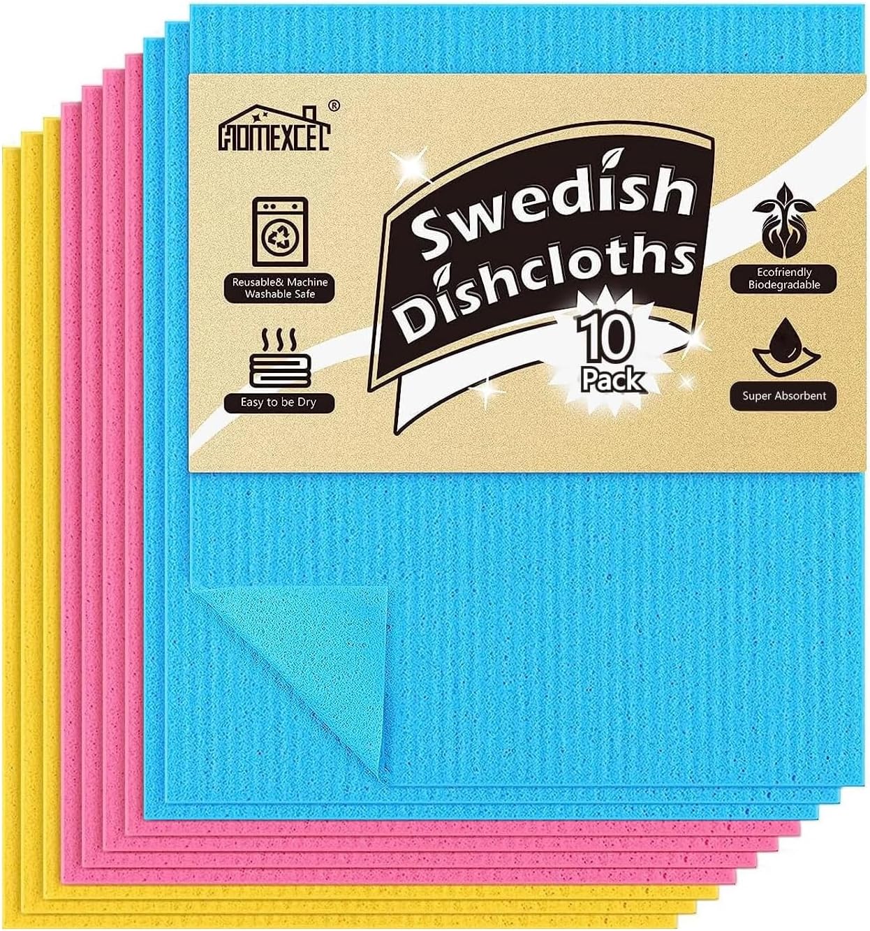 HOMEXCEL Swedish Dishcloths for Kitchen 10 Pack, Sponge Dish Cloth for Counters & Washing Dishes
