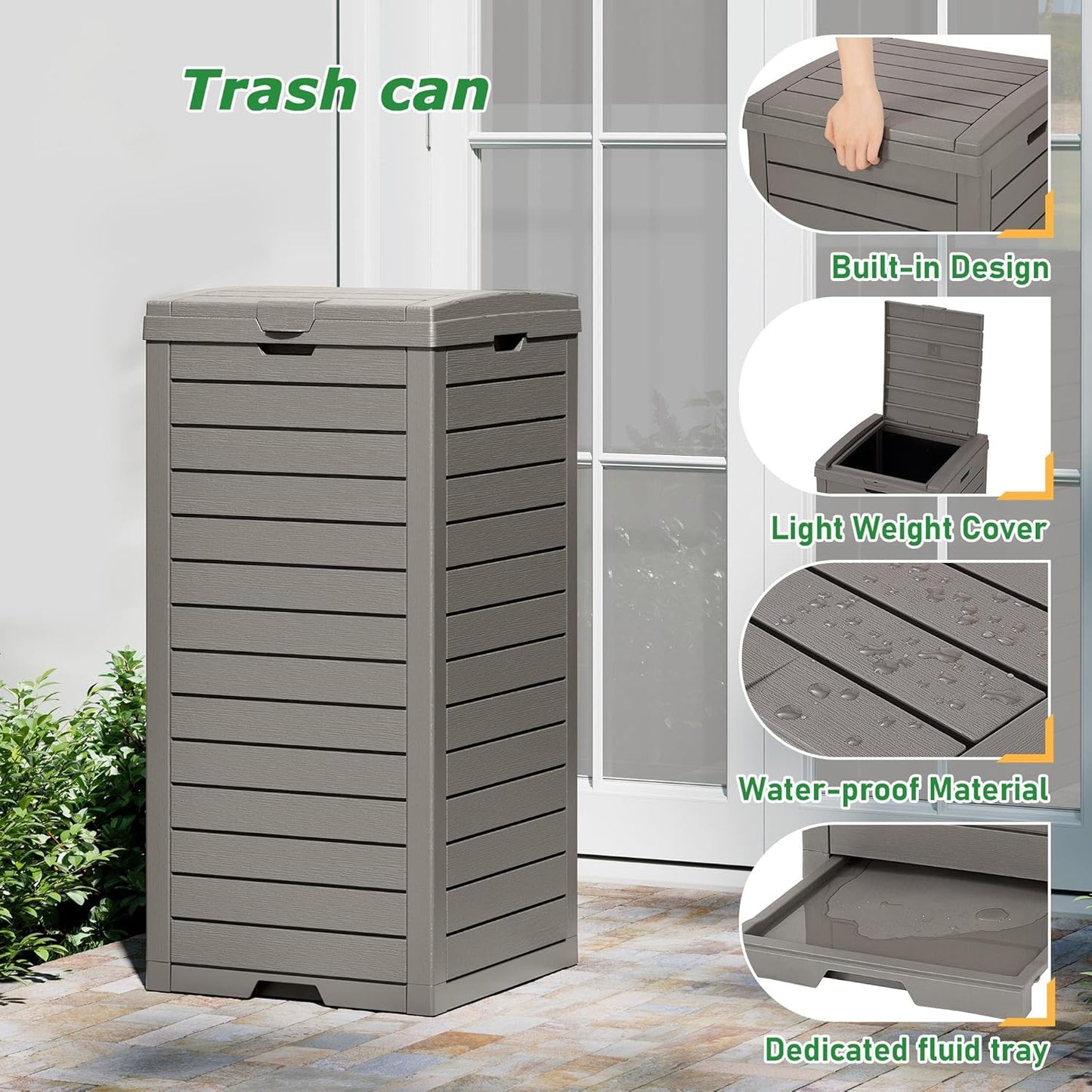 NUNU LAB 31 Gal Outdoor Trash Can with Lid - Heavy Duty Waterproof Resin, Removable Drip Tray, Fits