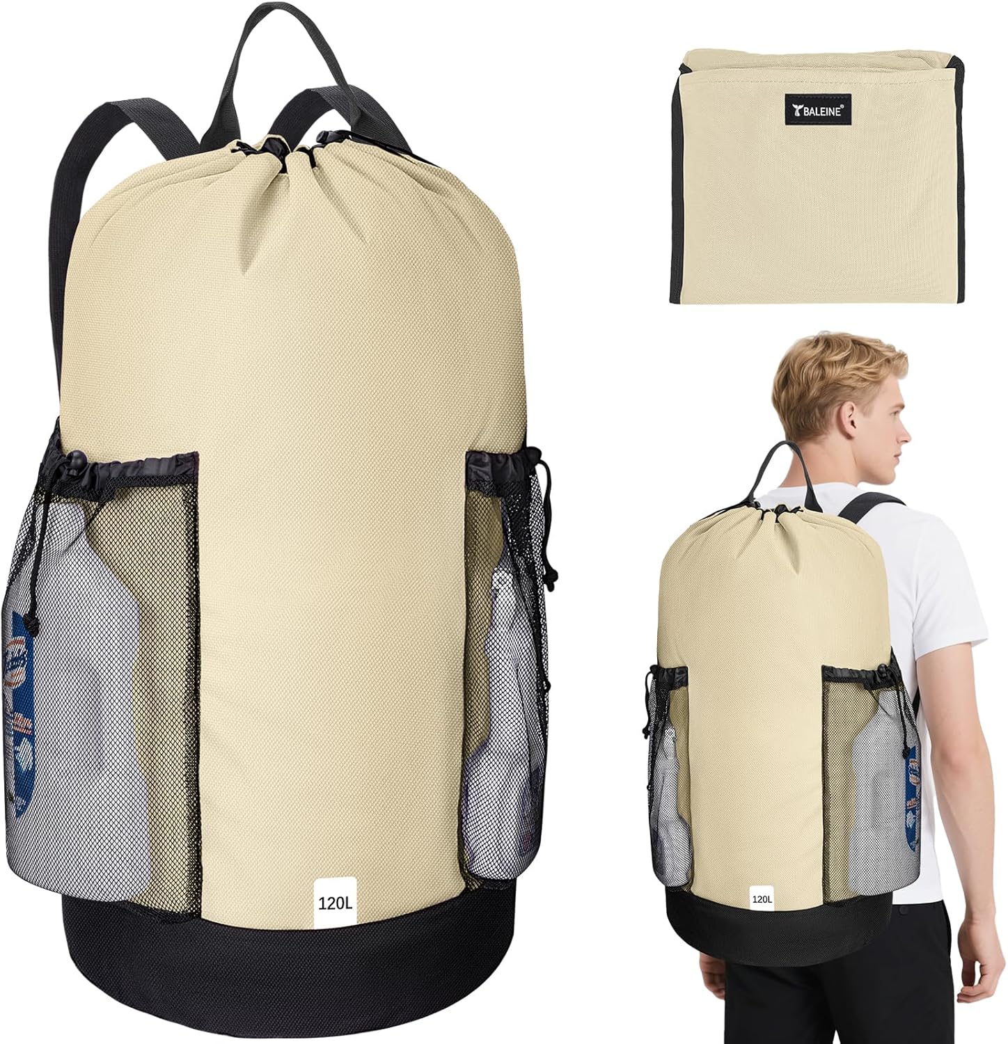BALEINE 120L Laundry Bag Backpack, 900D Oxford Fabric Large Travel Laundry Bags with Shoulder