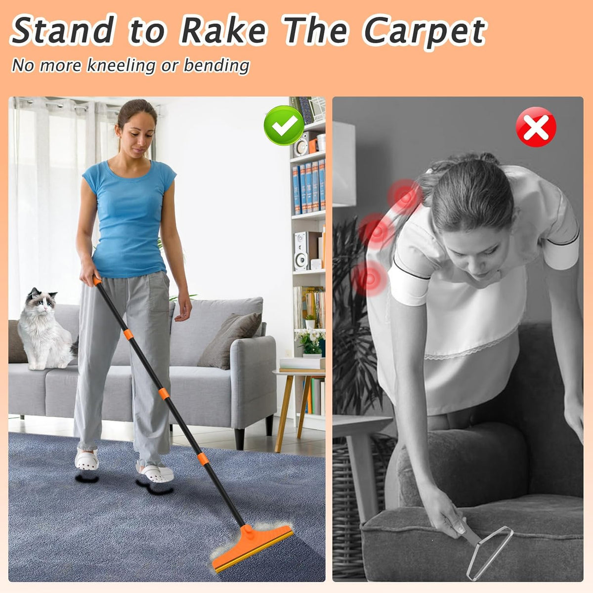 Carpet Rake for Pet Hair Removal - Reusable Pet Hair Remover, 60” Adjustable Long Handle Cat Dog