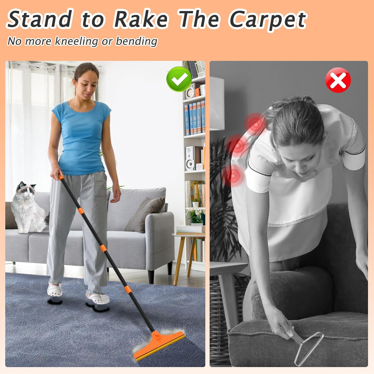 Carpet Rake for Pet Hair Removal - Reusable Pet Hair Remover, 60” Adjustable Long Handle Cat Dog