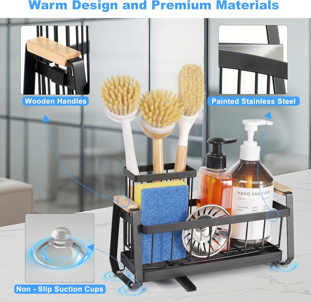 Suction Cup Sponge Holder for Kitchen Sink Caddy Organizer Rack for Dish Brush Holder and Soap