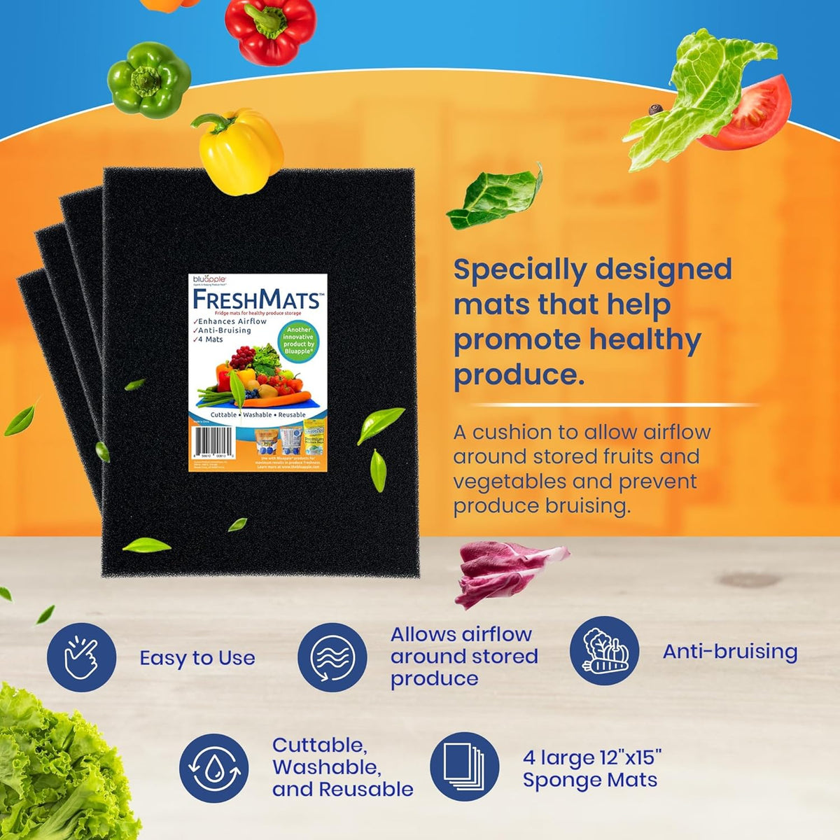 Bluapple FreshMats, Refrigerator Bin Liner, Fridge Drawer Mats, Crisper Life Extender Liner Keeps