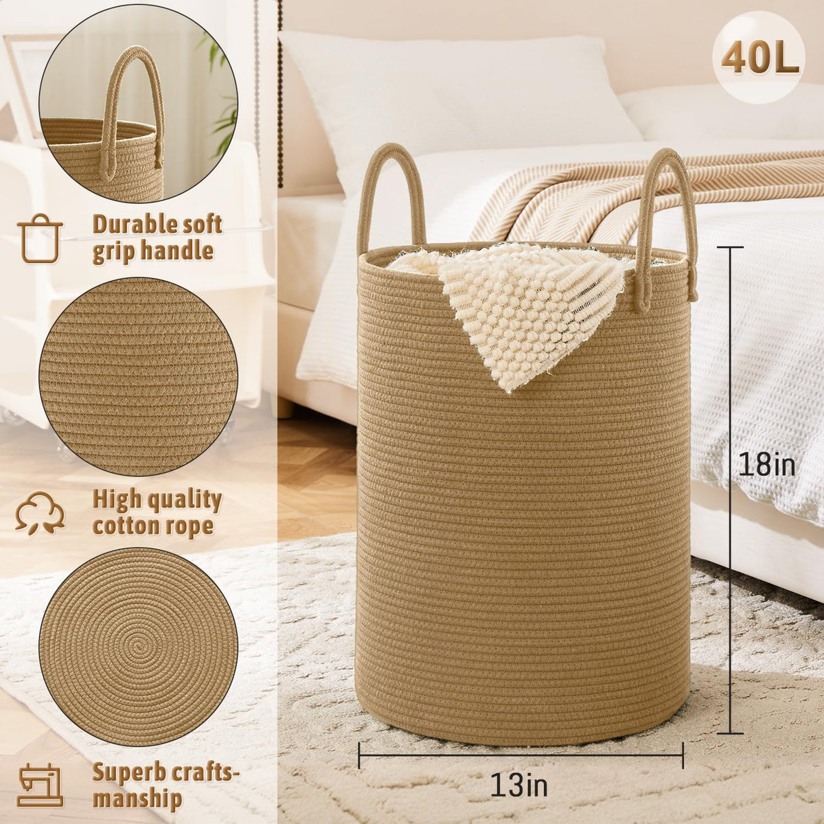 Laundry Basket,Woven Cotton Rope Laundry Hamper,40L for Decorative Storage of Dirty Clothes,Toys
