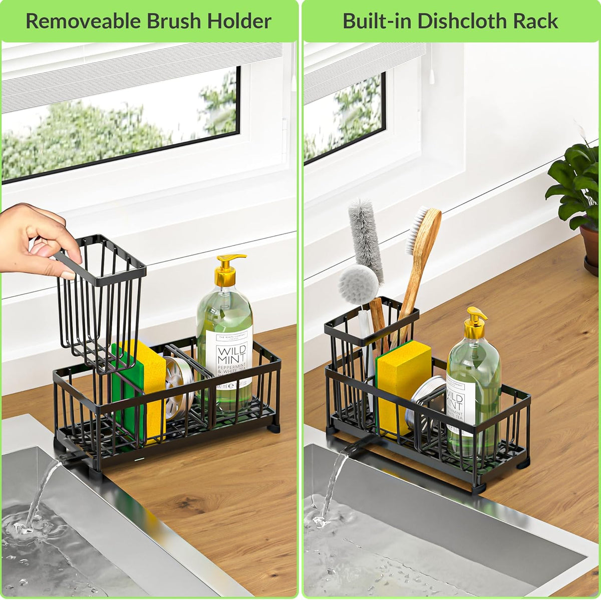 Self-Draining Kitchen Sink Caddy with Elevated Brush Holder – Rustproof Stainless Steel
