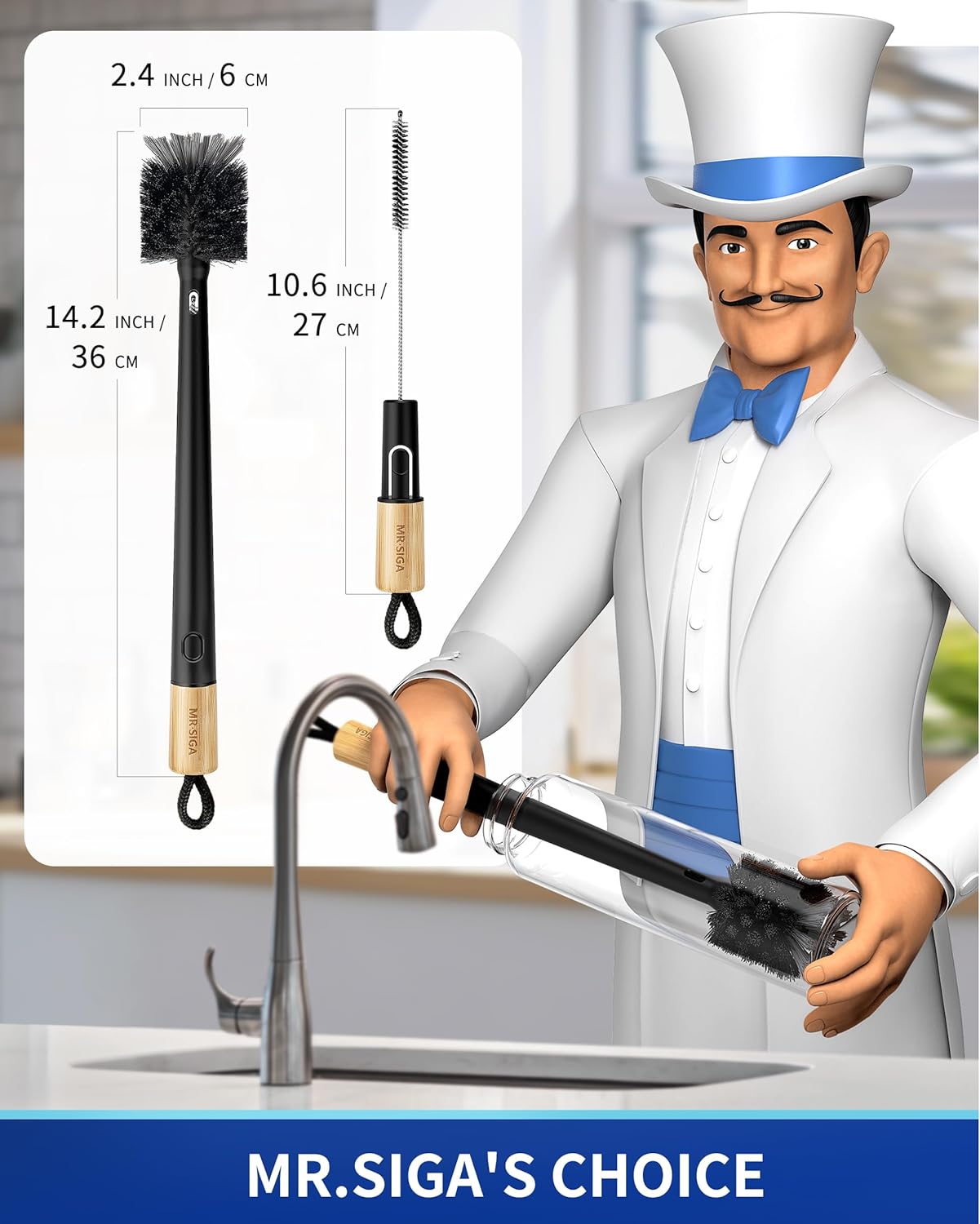 MR.SIGA Water Bottle Brush and Straw Cleaner Brush, Long Handle Bottle Cleaner Brush, 2 in 1 Bottle
