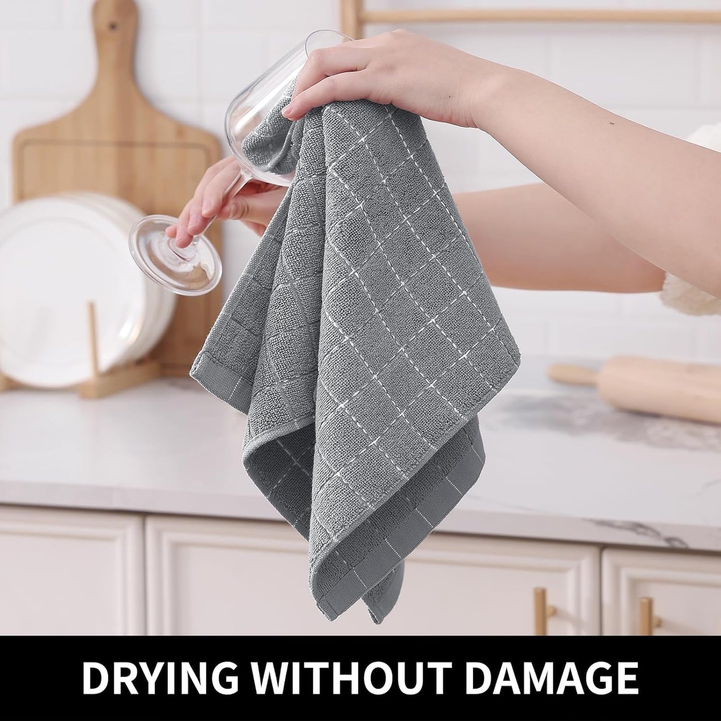 Homaxy 100% Cotton Terry Kitchen Towels(Grey, 13 x 28 inches), Checkered Designed, Soft and Super