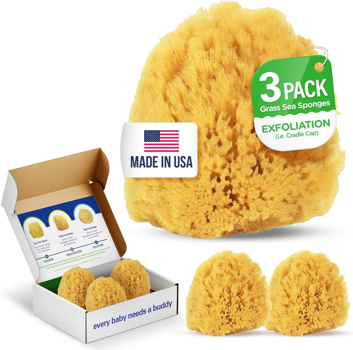 Baby Buddy Absorbent Natural Bath Sponge, Soft Exfoliating Grass Sponge, Soft on Baby's Tender