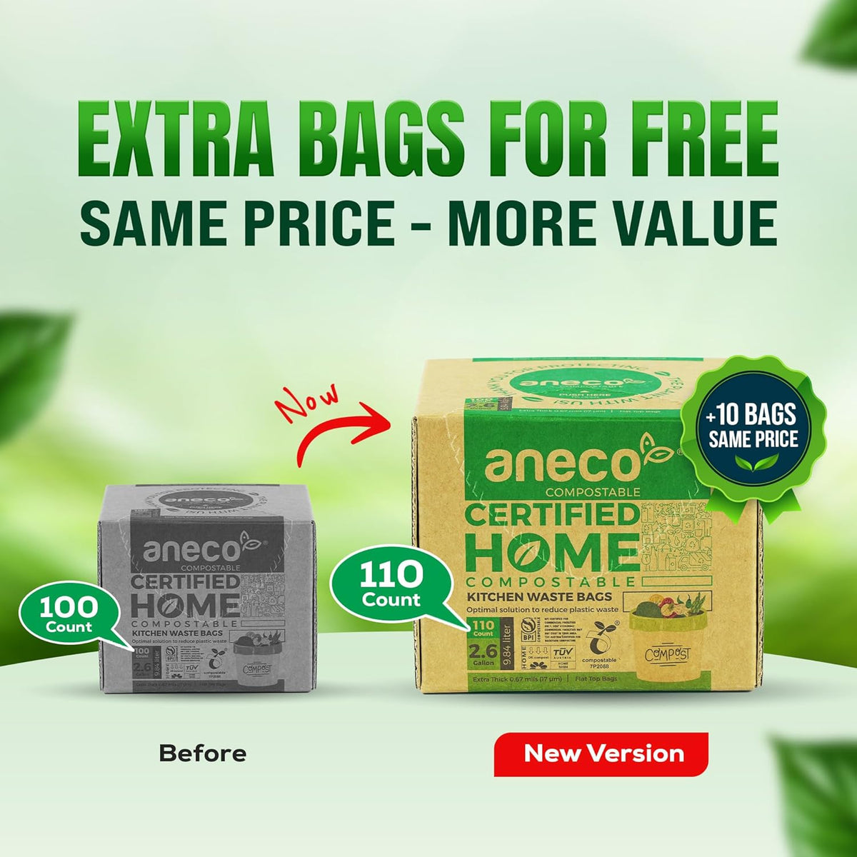 (Include 10 Bonus Bags) ANECO 100% Compostable Waste Bags 2.6 Gallon, Extra Thick Kitchen Small
