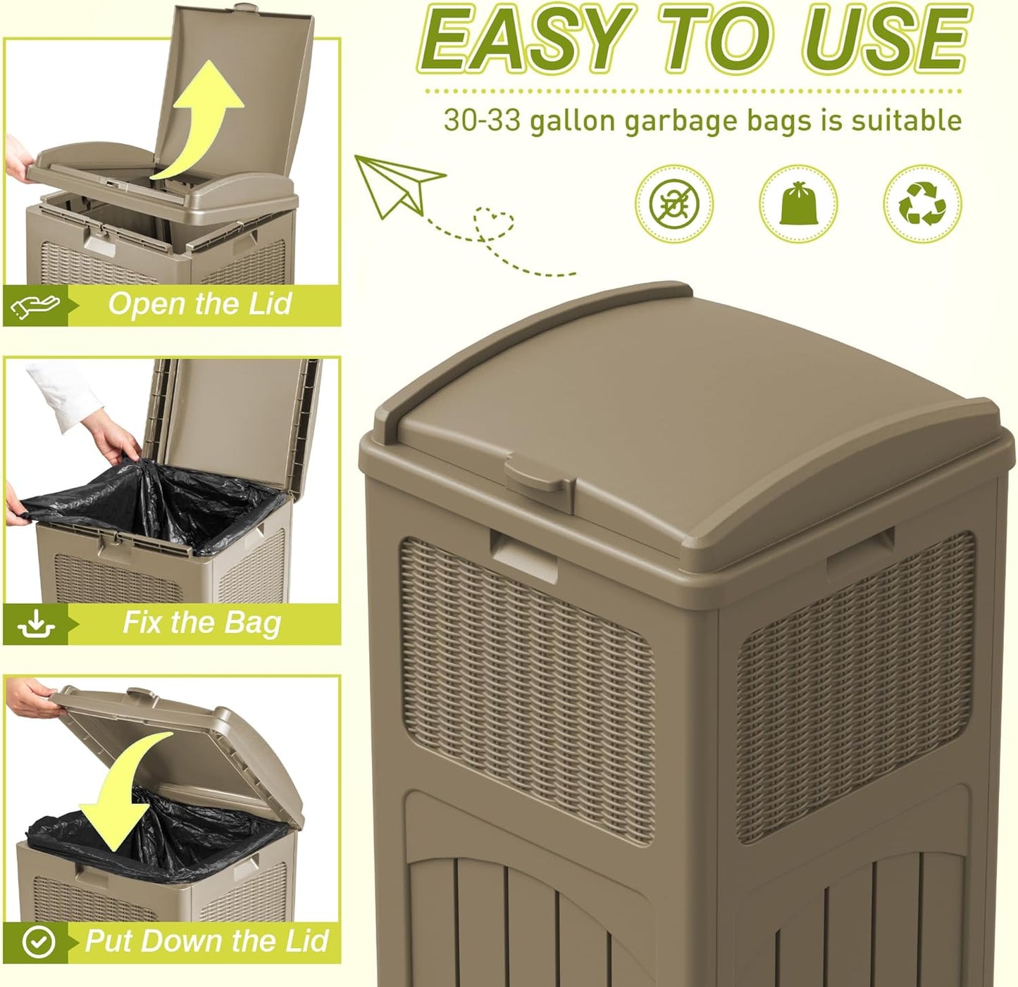 Greesum 33 Gallon Resin Outdoor Trash Can with Lid, Waterproof Resin Garbage Bin for Hideaway