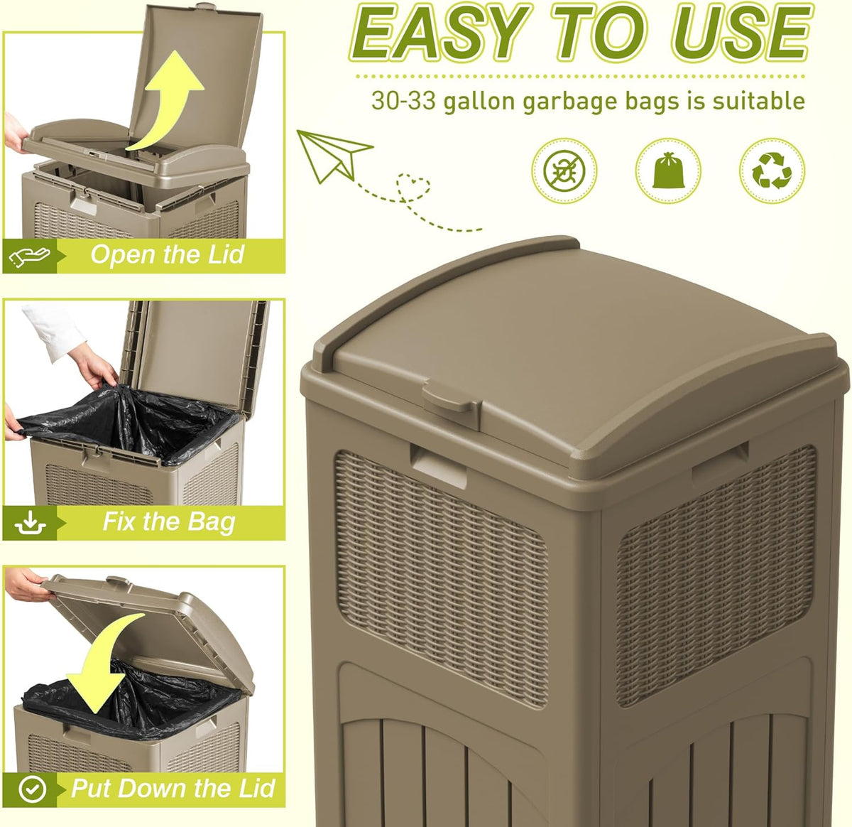 Greesum 33 Gallon Resin Outdoor Trash Can with Lid, Waterproof Resin Garbage Bin for Hideaway