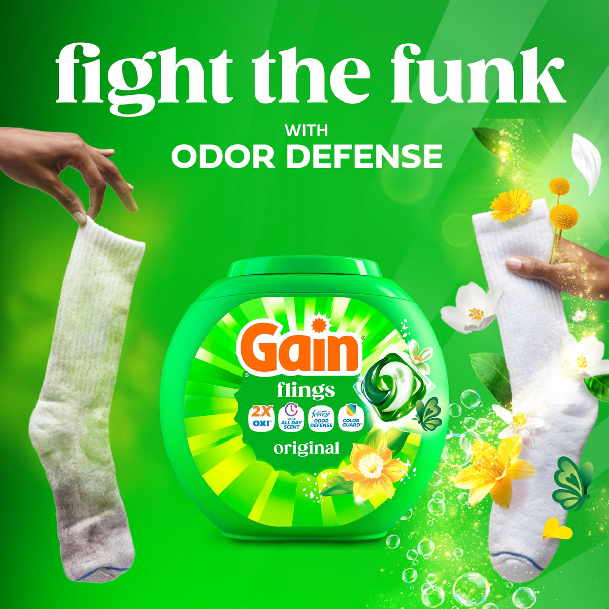 Gain Flings Liquid Washing Detergent Pods, Now with Odor Defense + Color Guard, Original Scent