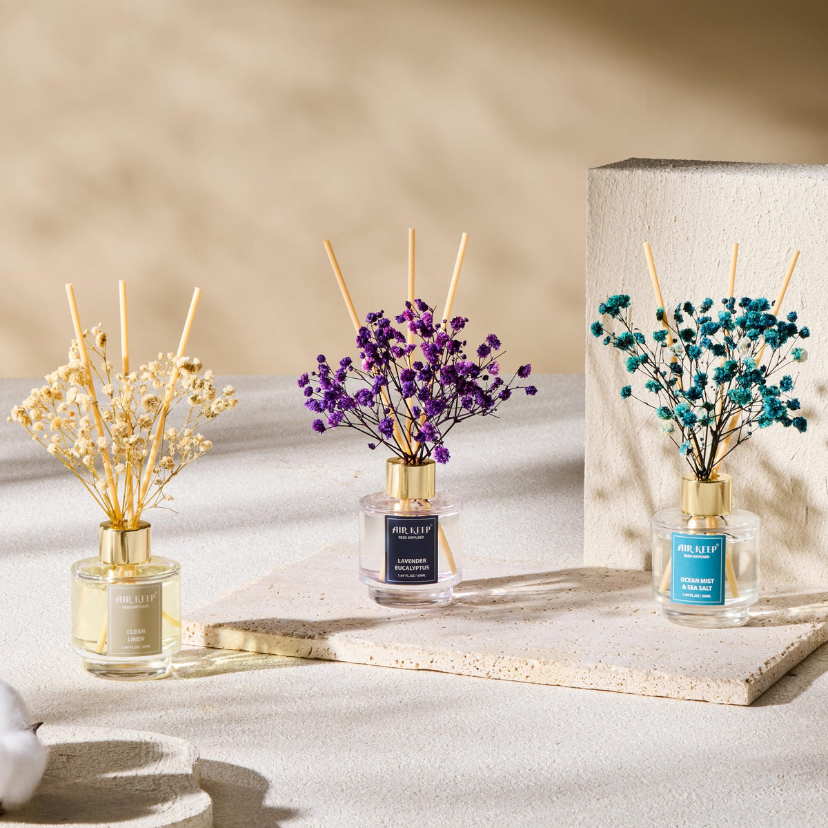 Airkeep Reed Diffuser Set of 3,Clean Linen Ocean Mist&Sea Salt Lavender Eucalyptus Oil Reed
