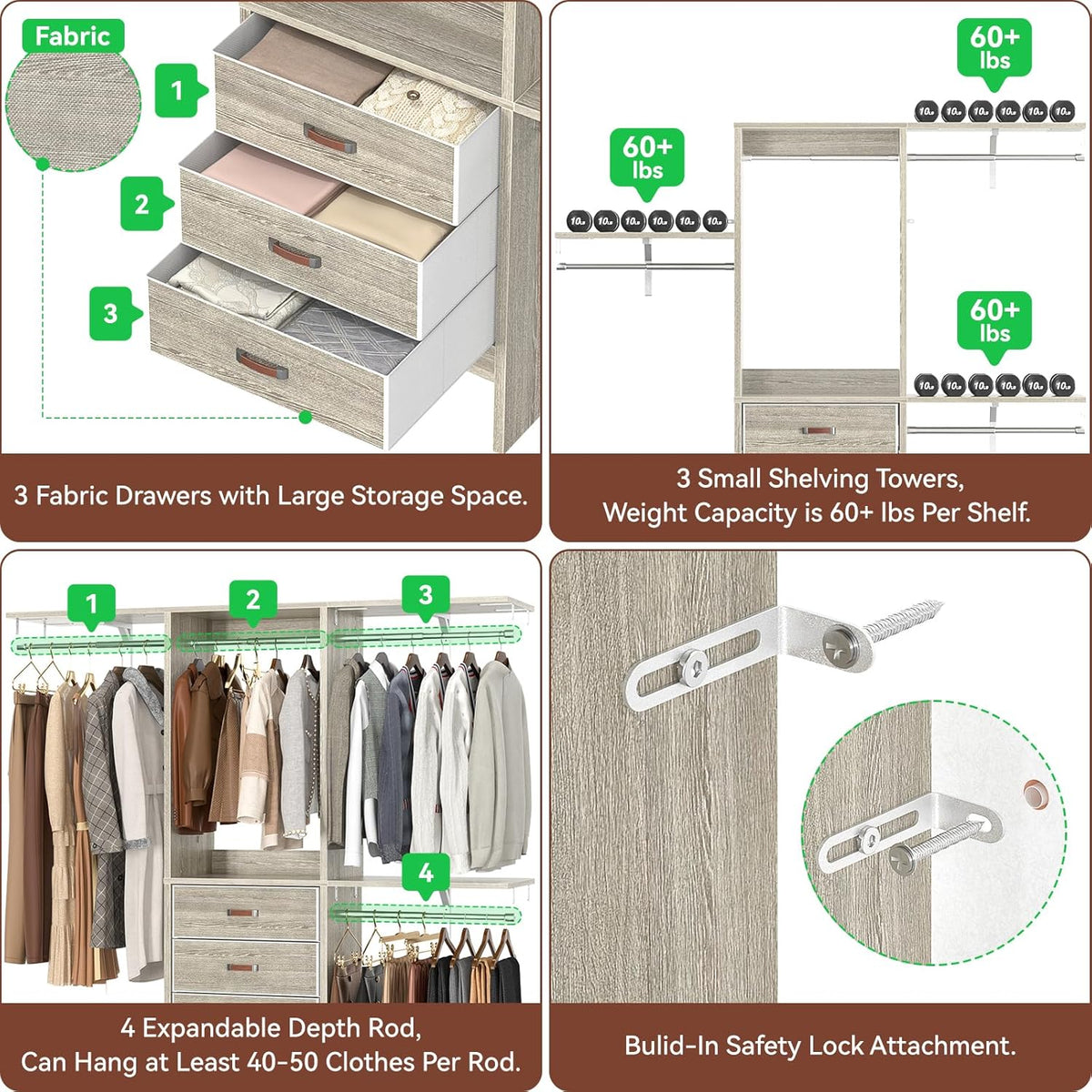 Armocity 5FT Small Closet System with 3 Fabric Drawers, 60'' Walk In Closet Organizer System With 3